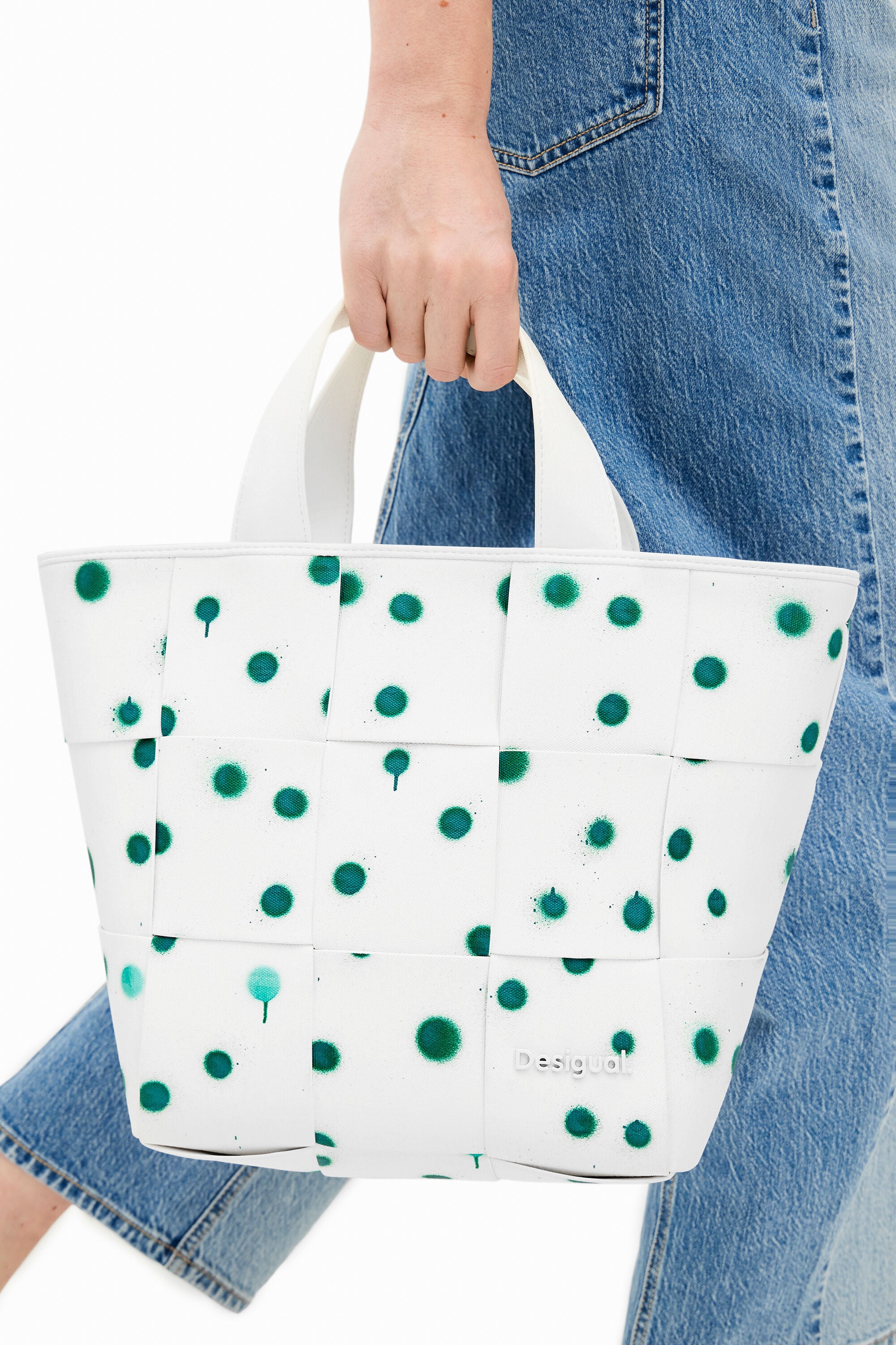 Bolso shopper M gotas, Poliuretano, Blanco, U