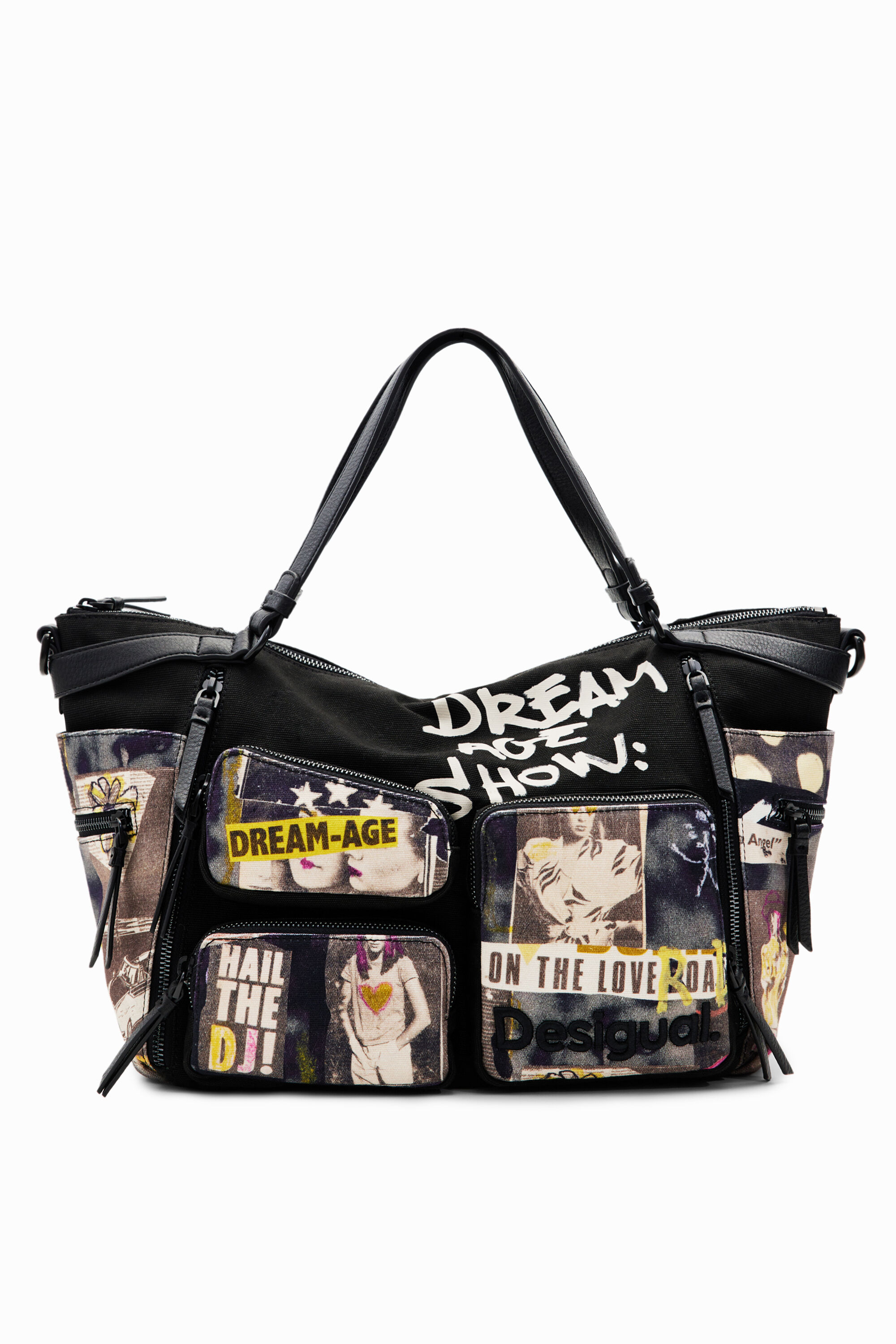 Desigual, Große Tasche Segeltuch Zeitungen, Baumwolle, Schwarz, U