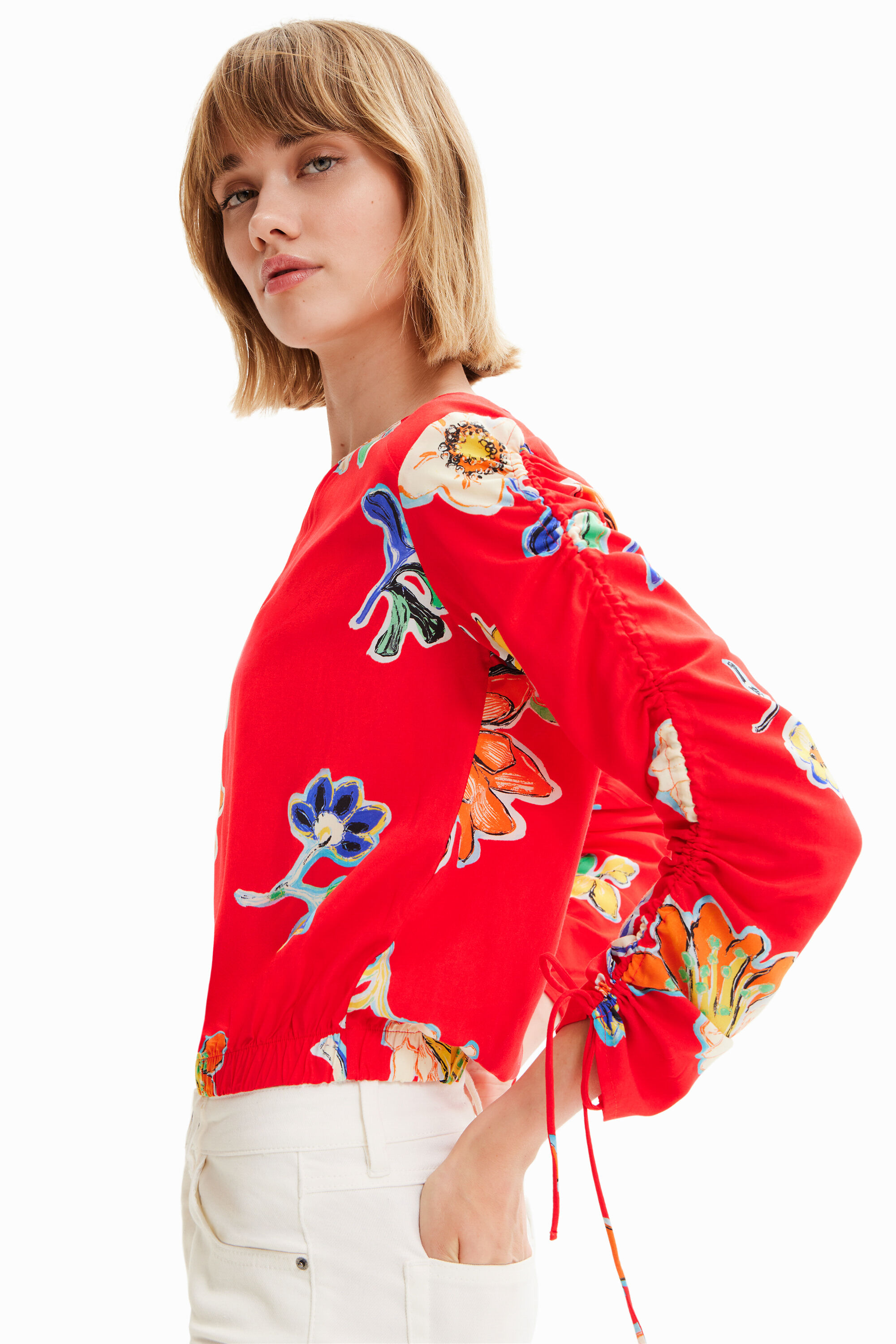 Shop Desigual Short Gathered Floral Blouse In Red