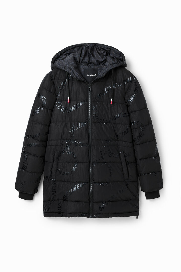 Padded long coat with text