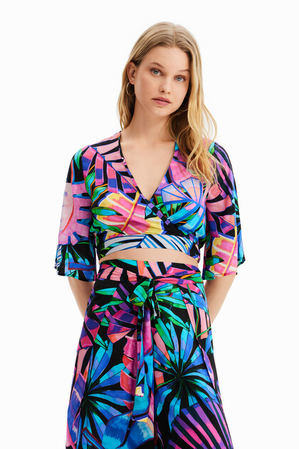 Tropical wrap crop top