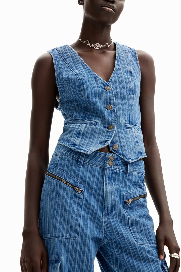 Chaleco denim de rayas con cierre de botón | Desigual