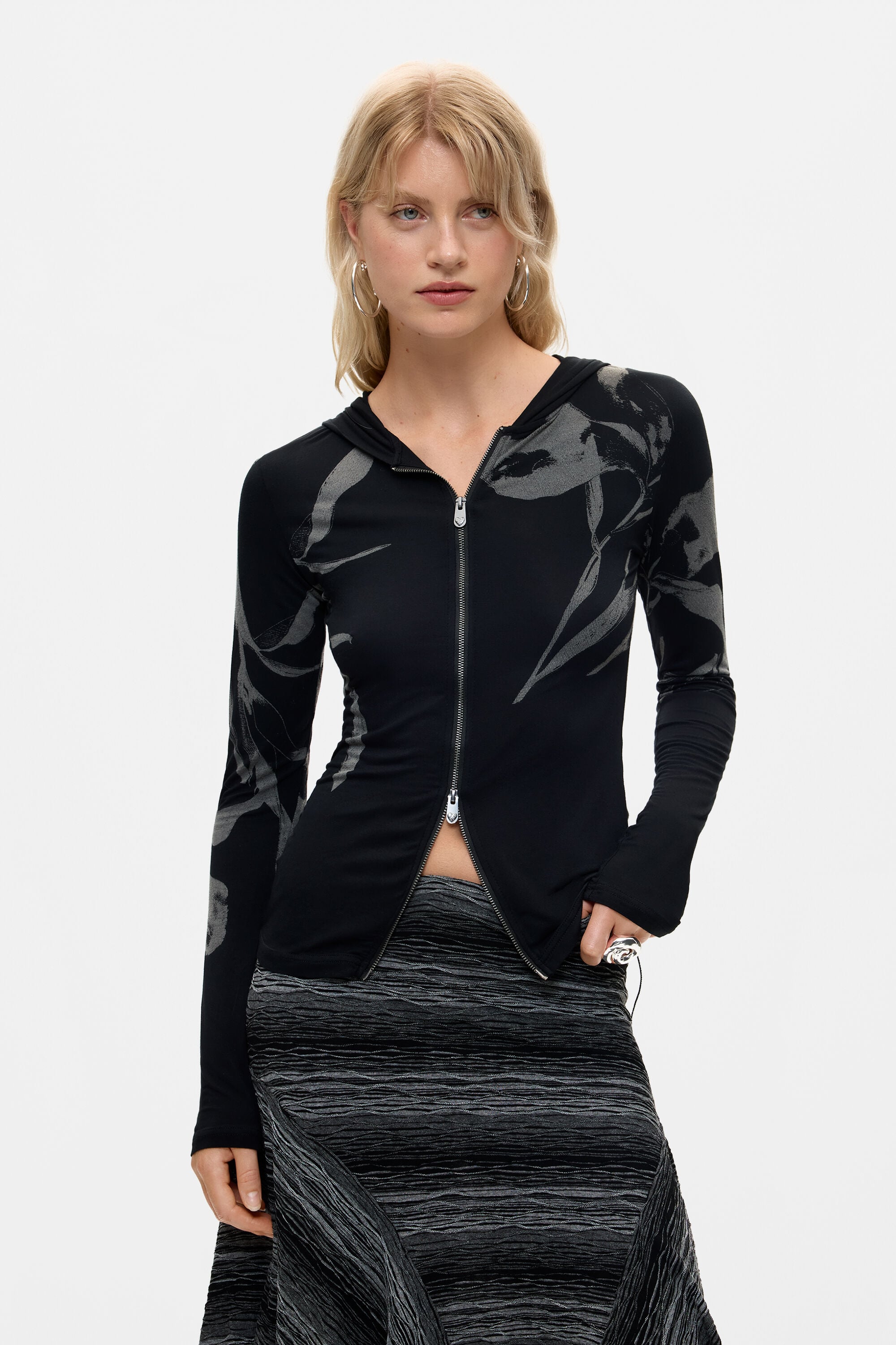 bedrukte sweatshirt met rits - BLACK - XS