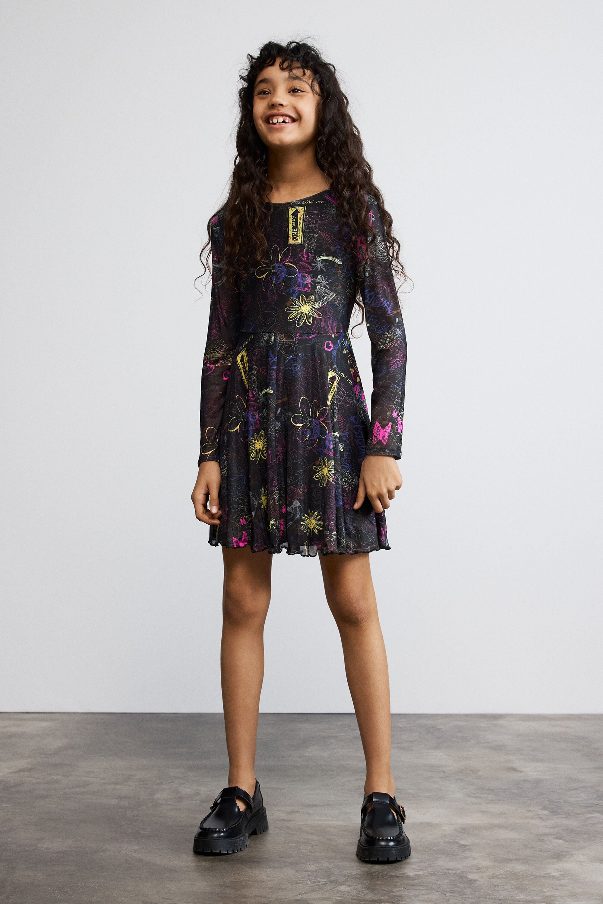 Vestido tul estampado, NiñOs, Poliester, Negro,