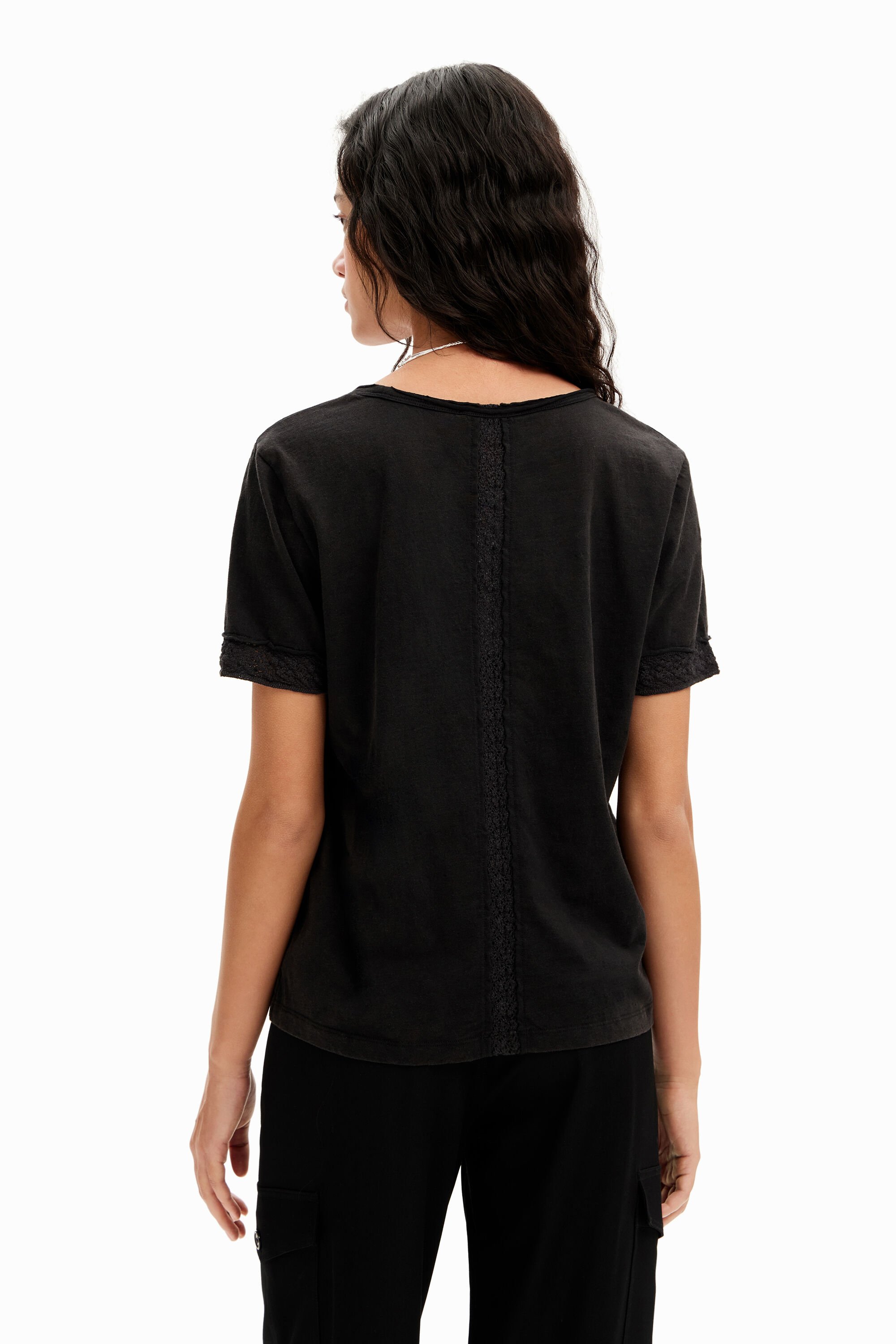 Shop Desigual Openwork V-neck T-shirt In Black