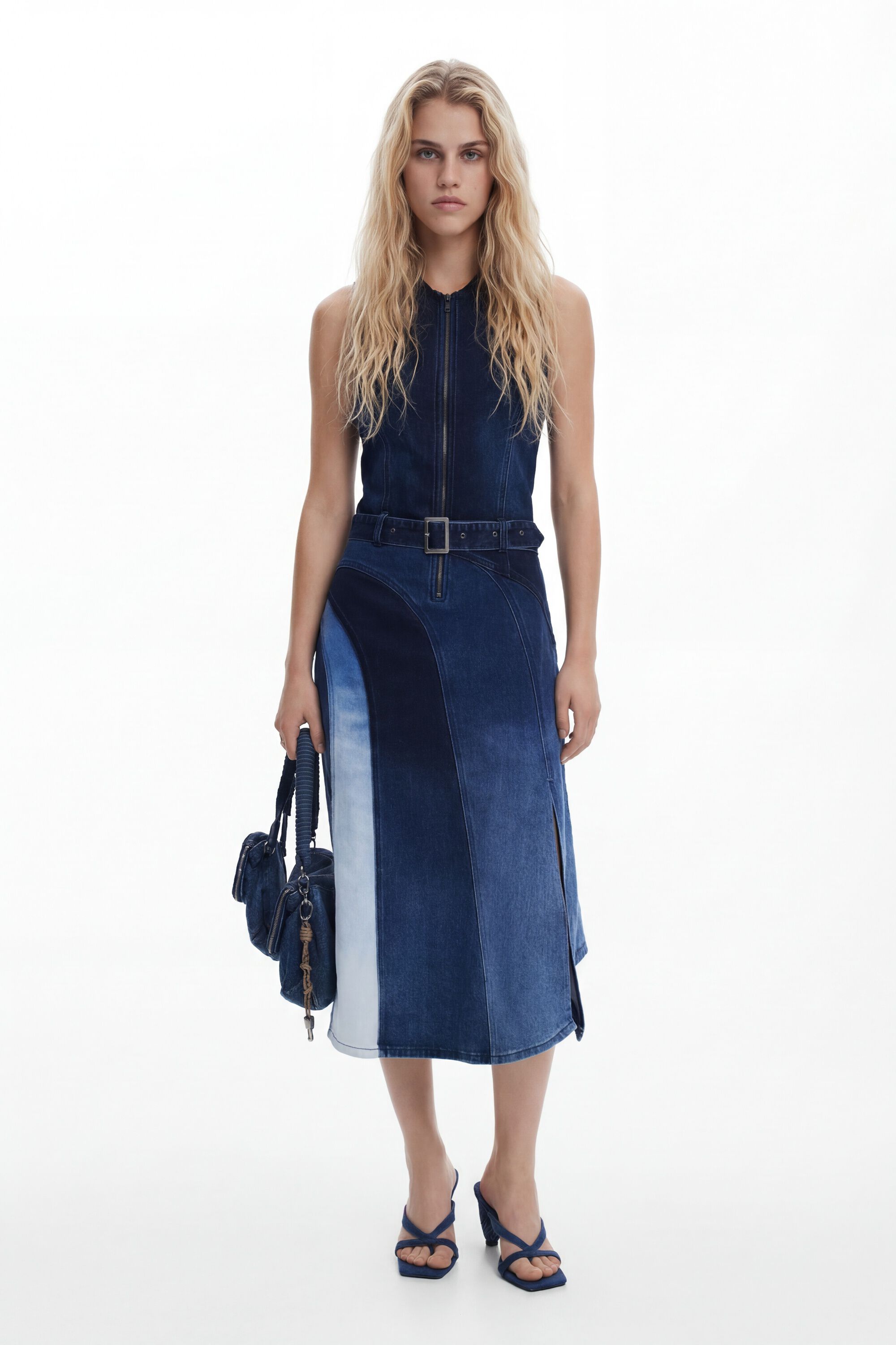 Desigual, Vestido midi vaquero cinturón, Algodon, Azul