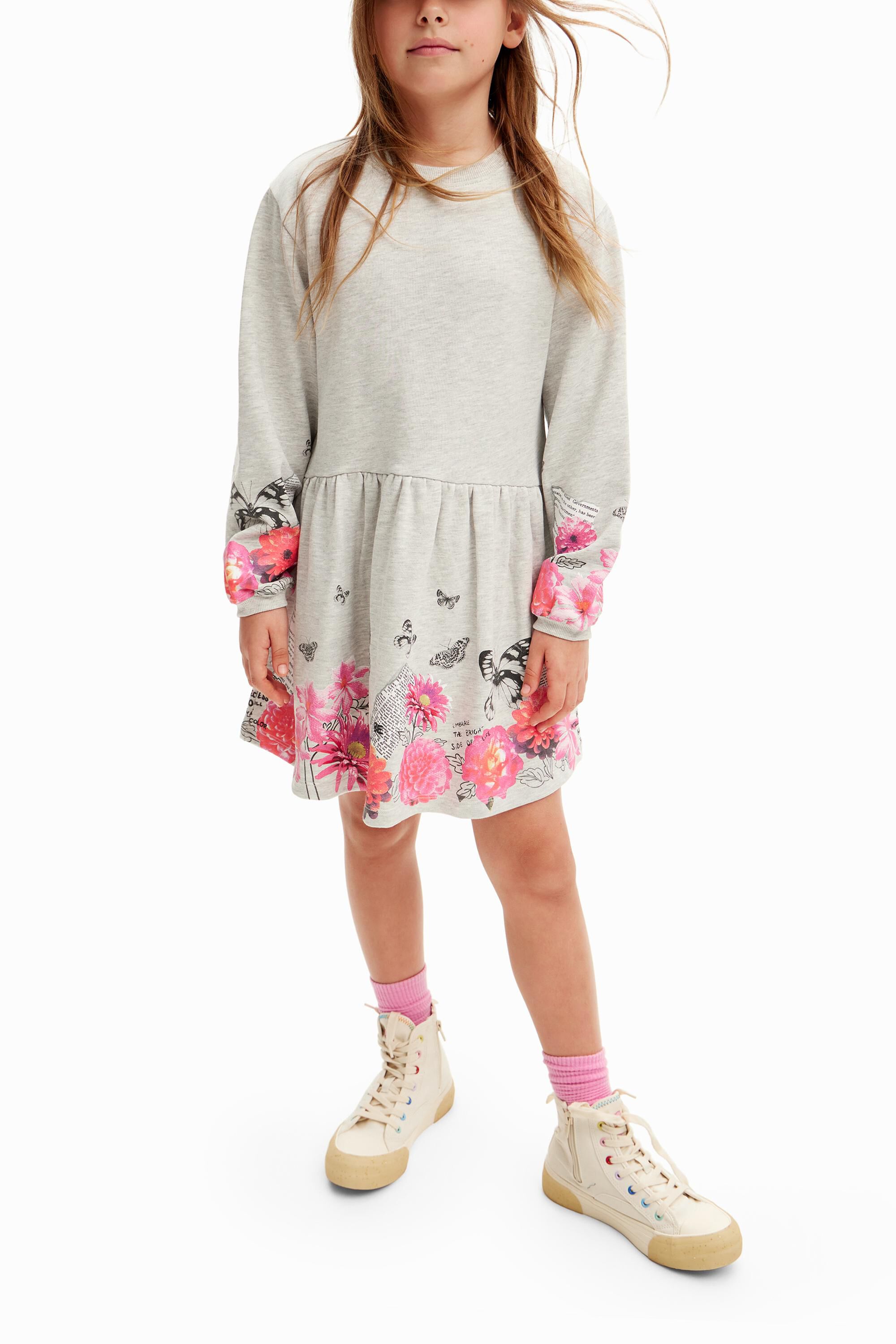 Vestido con mariposas y flores, Algodon, Negro,
