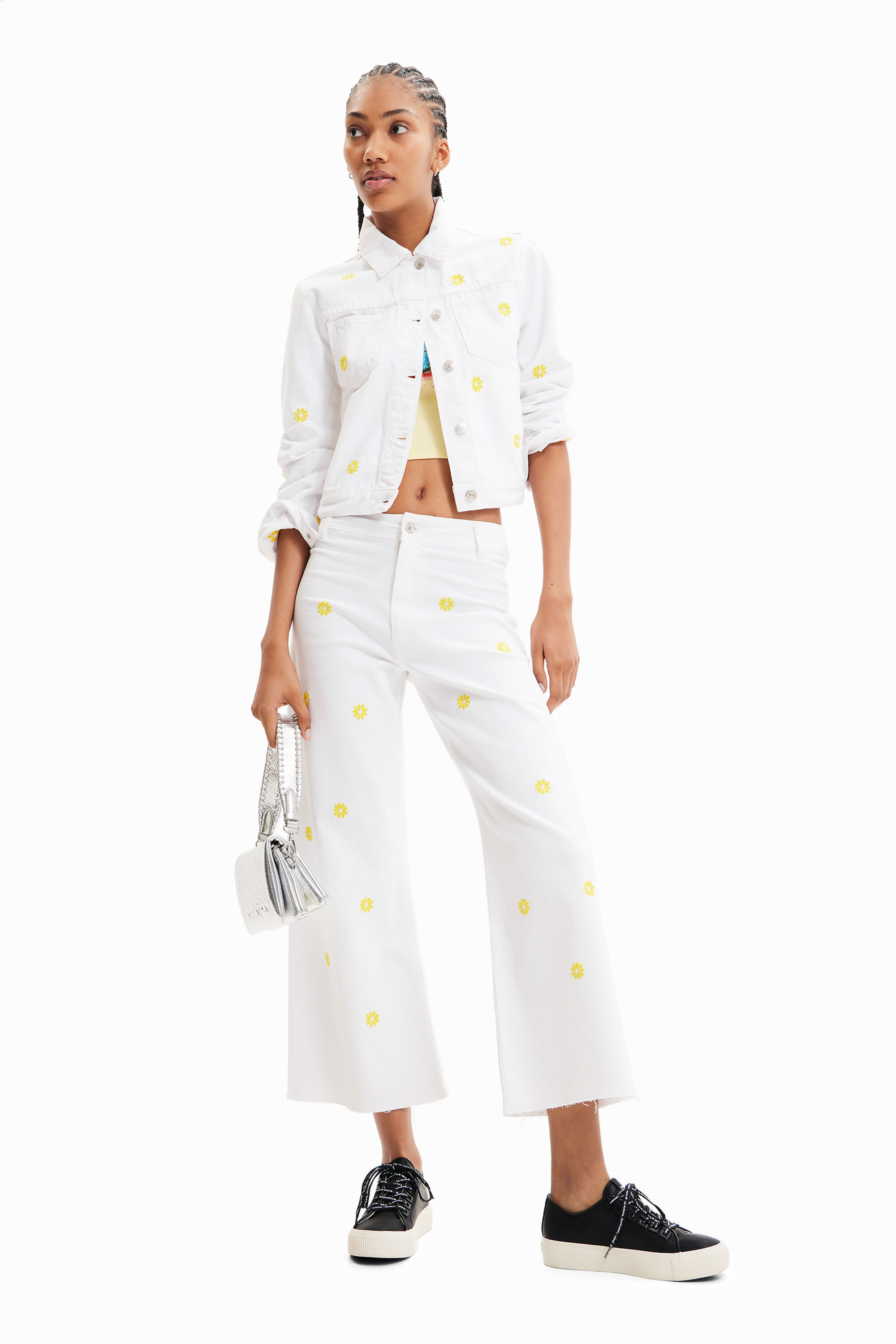 Desigual Daisy Cropped Culotte Jeans In White