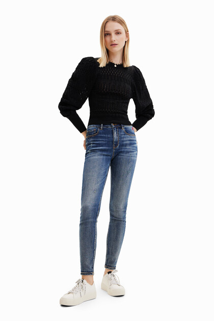 Openwork jumper with balloon sleeves