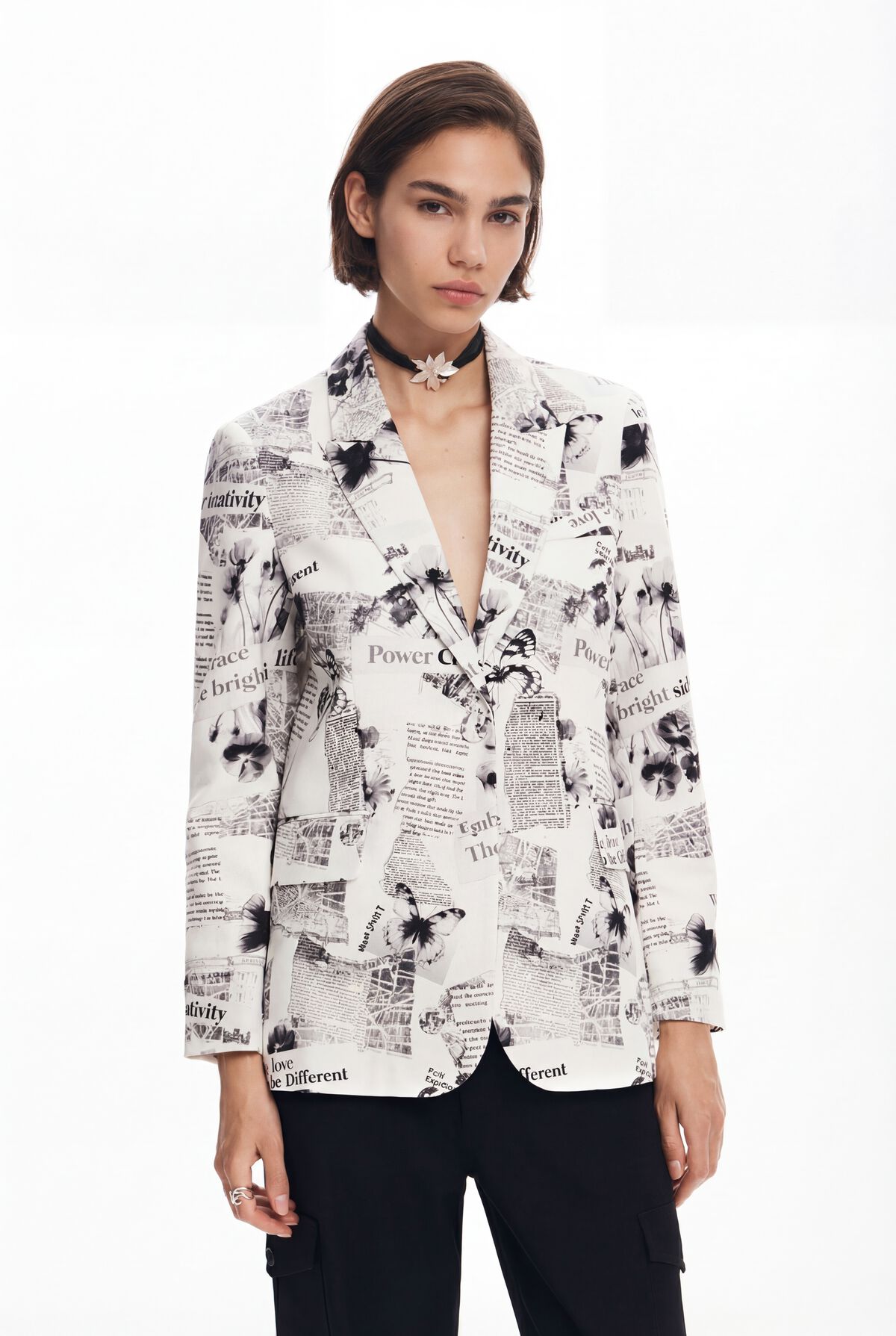 Straight blazer with text and flowers women
