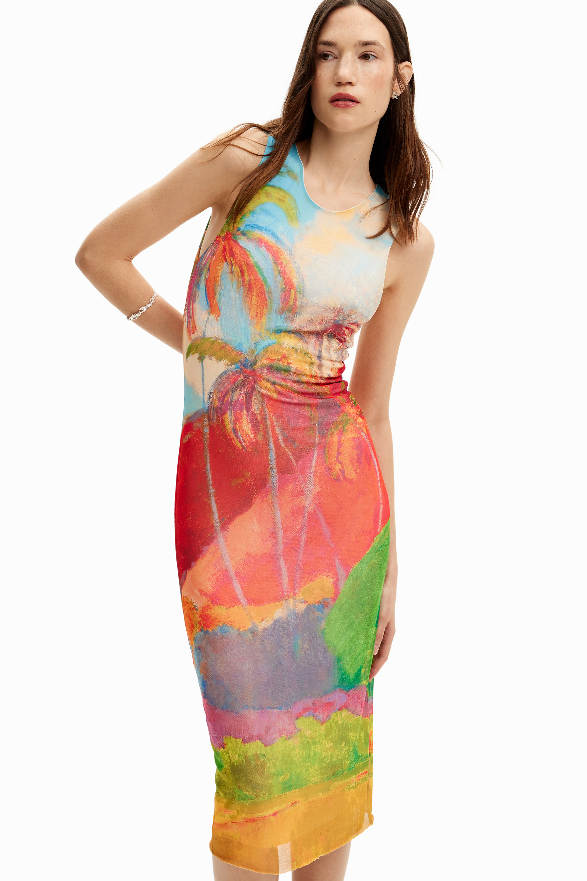 Veelkleurige tropische midi jurk