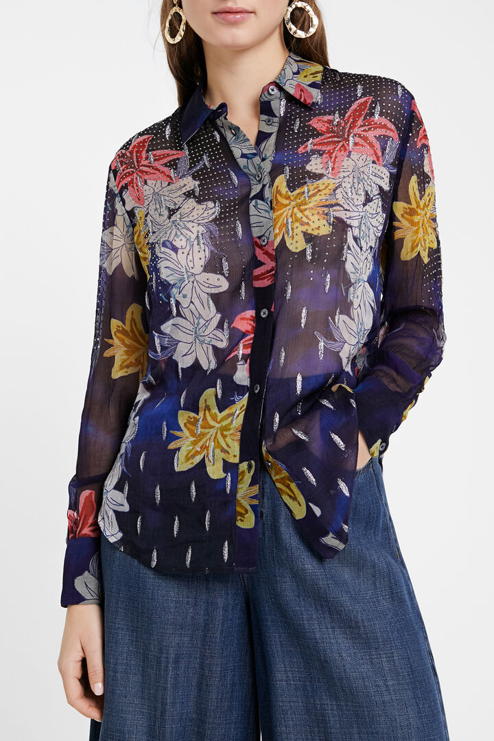 Camisa floral con transparencias y pedrería | Desigual