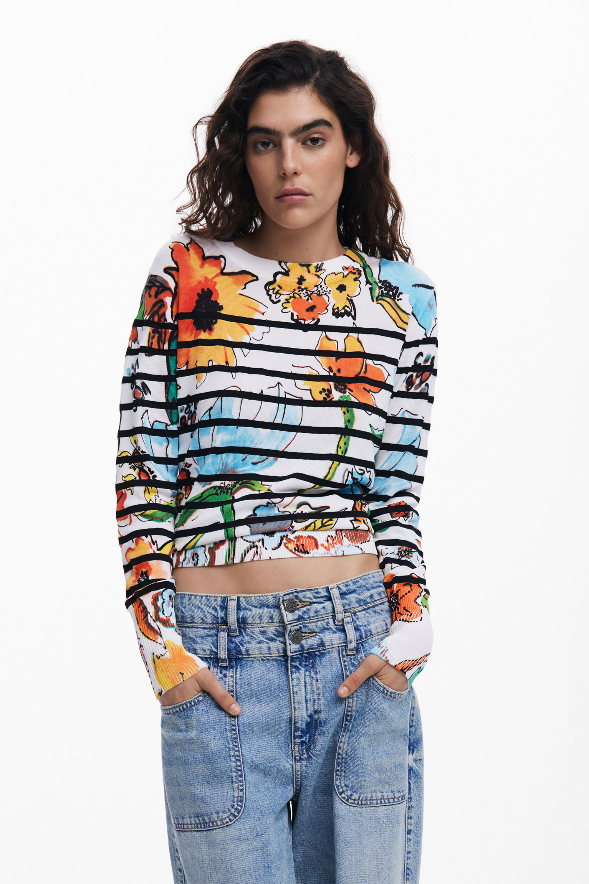 Desigual Stripe Floral Sweater In White