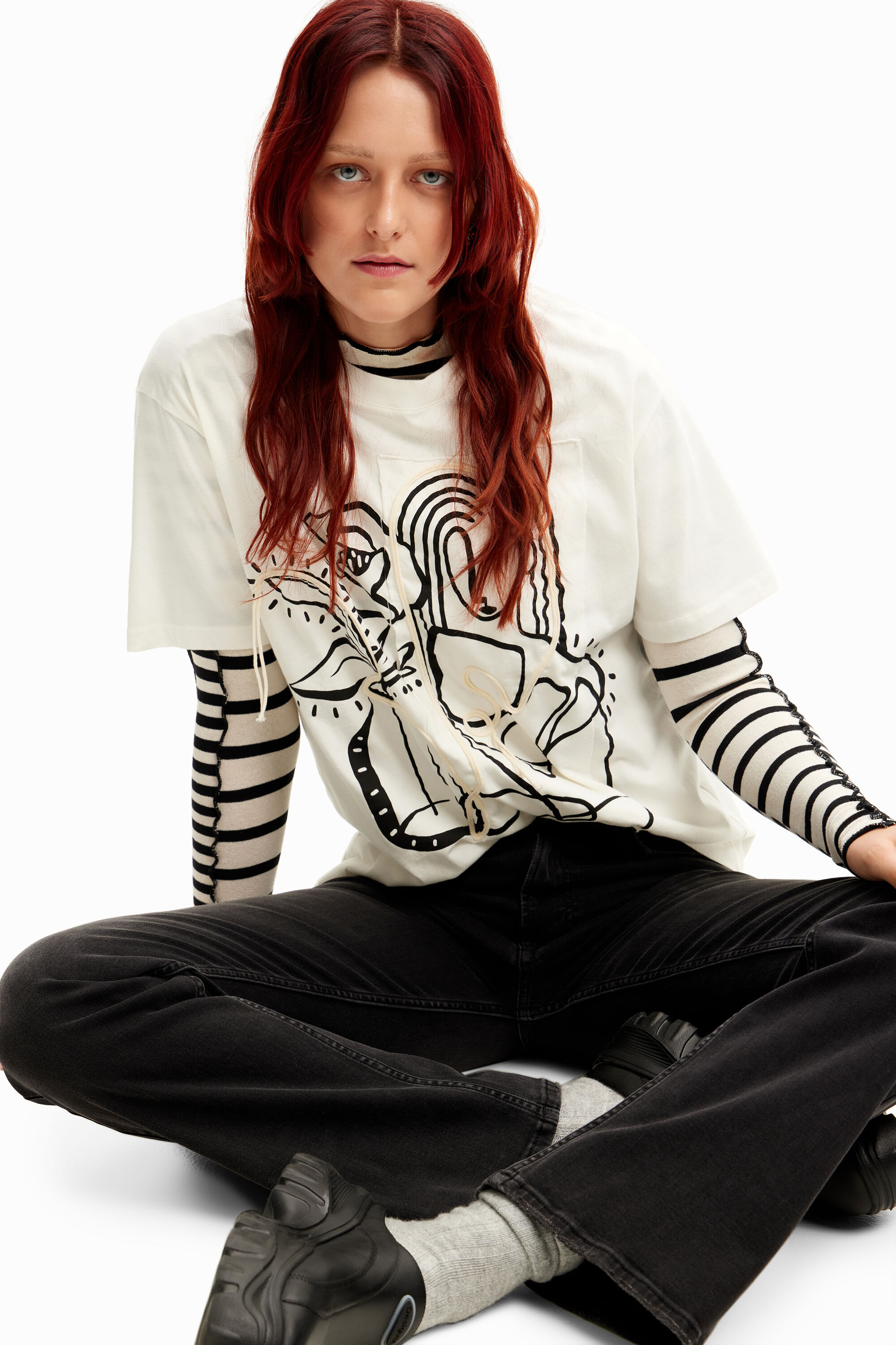 Shop Desigual Arty Illustration T-shirt In White