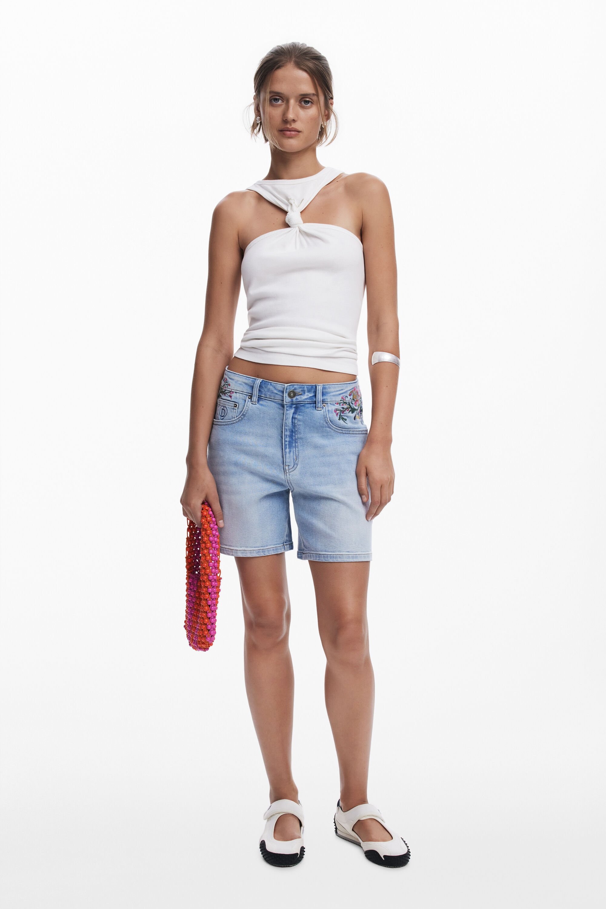 Embroidered denim shorts