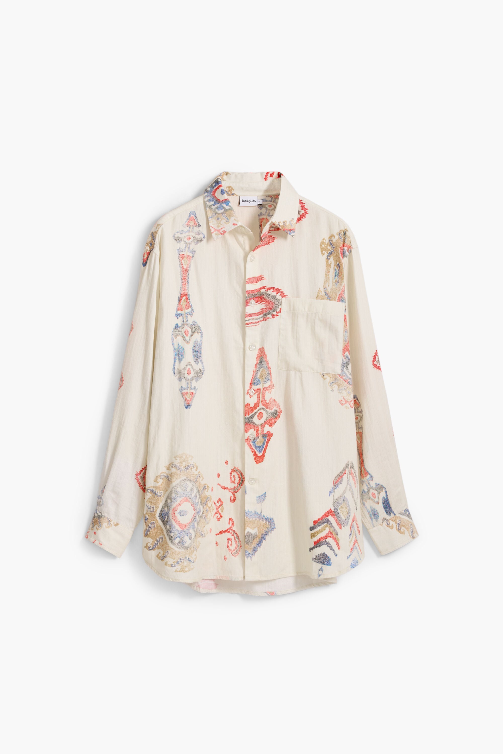 Camisa manga larga étnica, Algodon, Blanco,