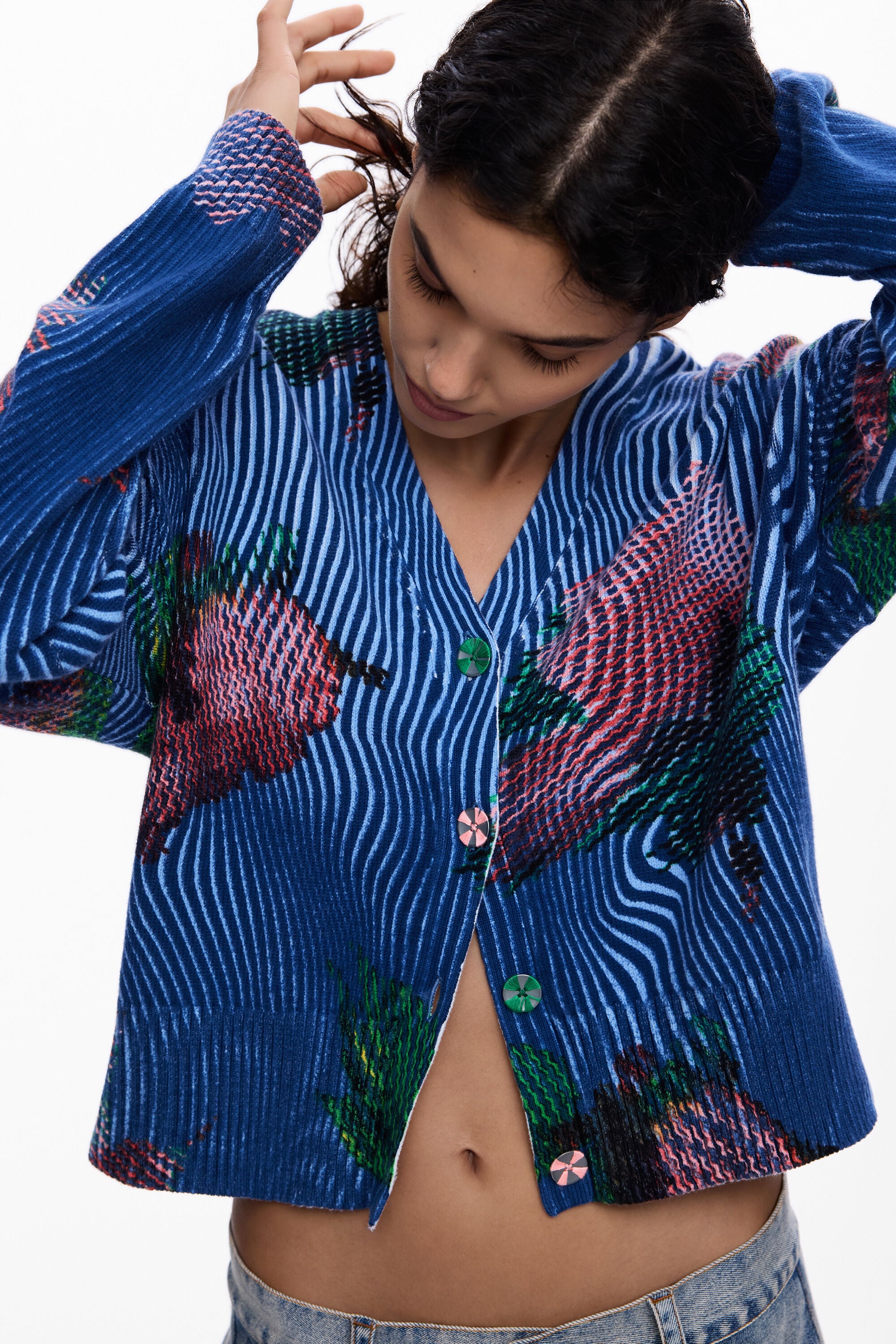 Desigual, Cardigan-pullover mit blumen, Damen, Baumwolle, Blau, M
