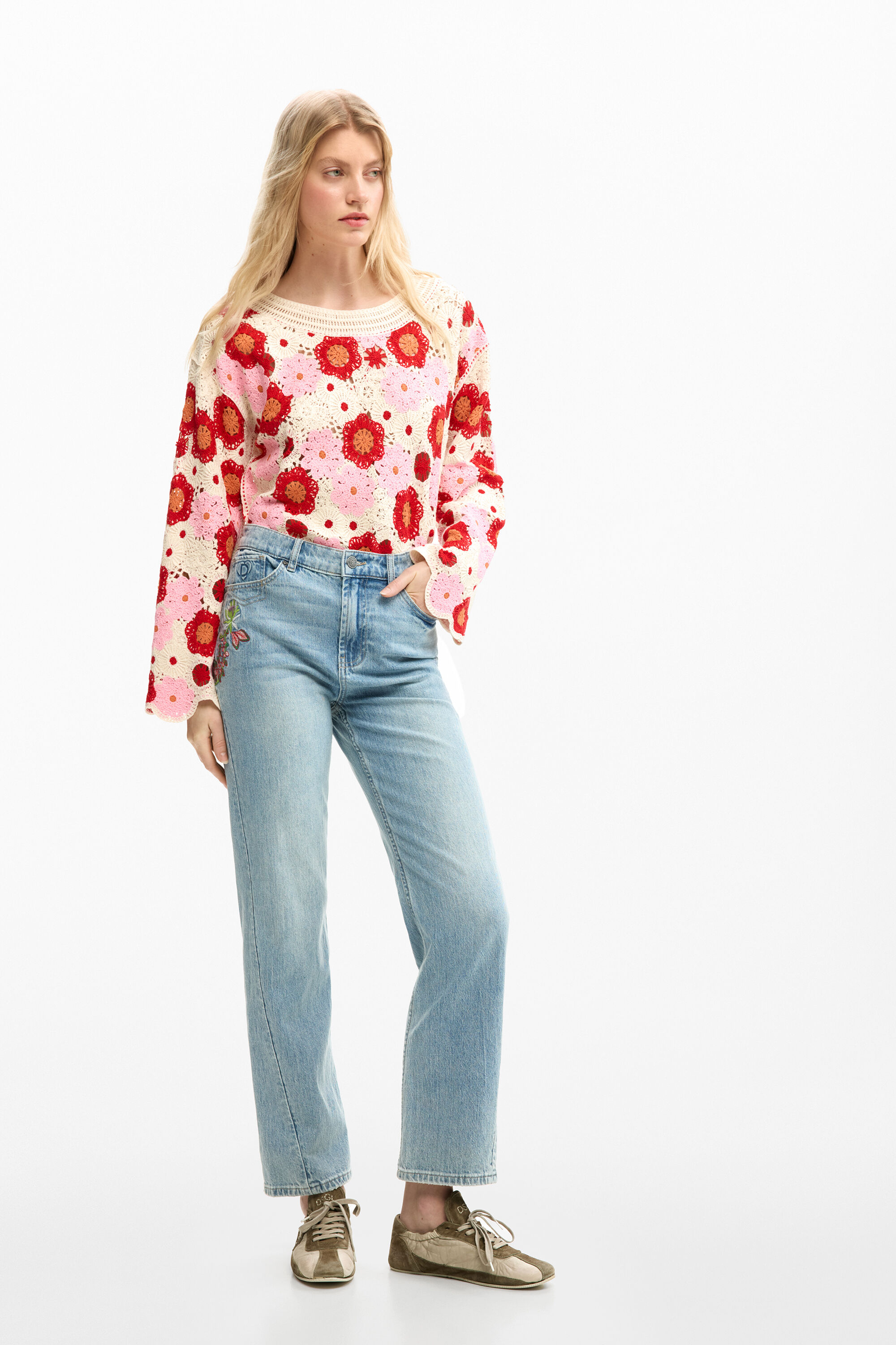 Desigual, Straight-Jeans mit Blumenmuster, Damen, Baumwolle, Blau, 44