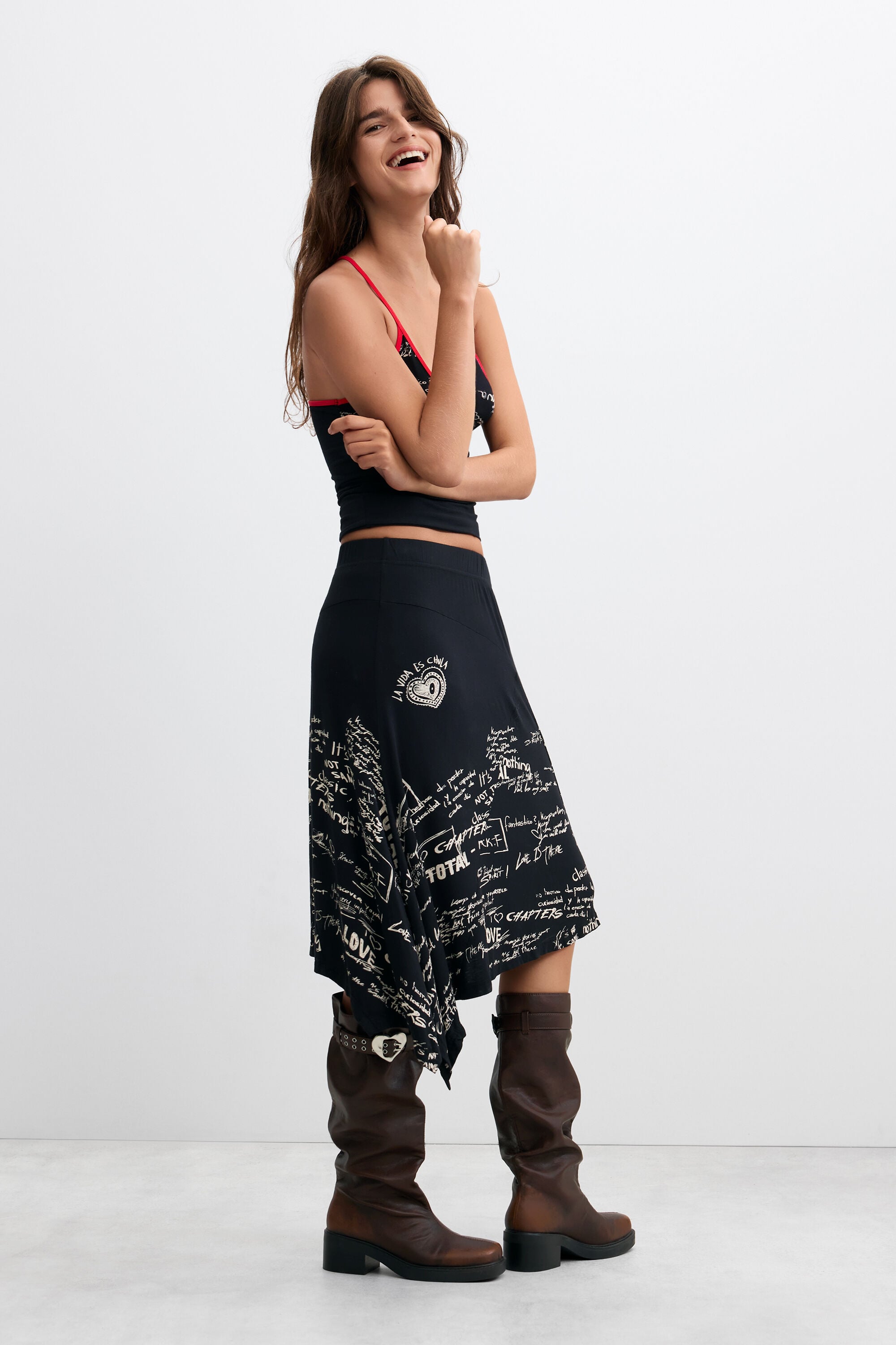 Desigual, Falda misi asimétrica estampada, Mujer, Viscosa, Negro,