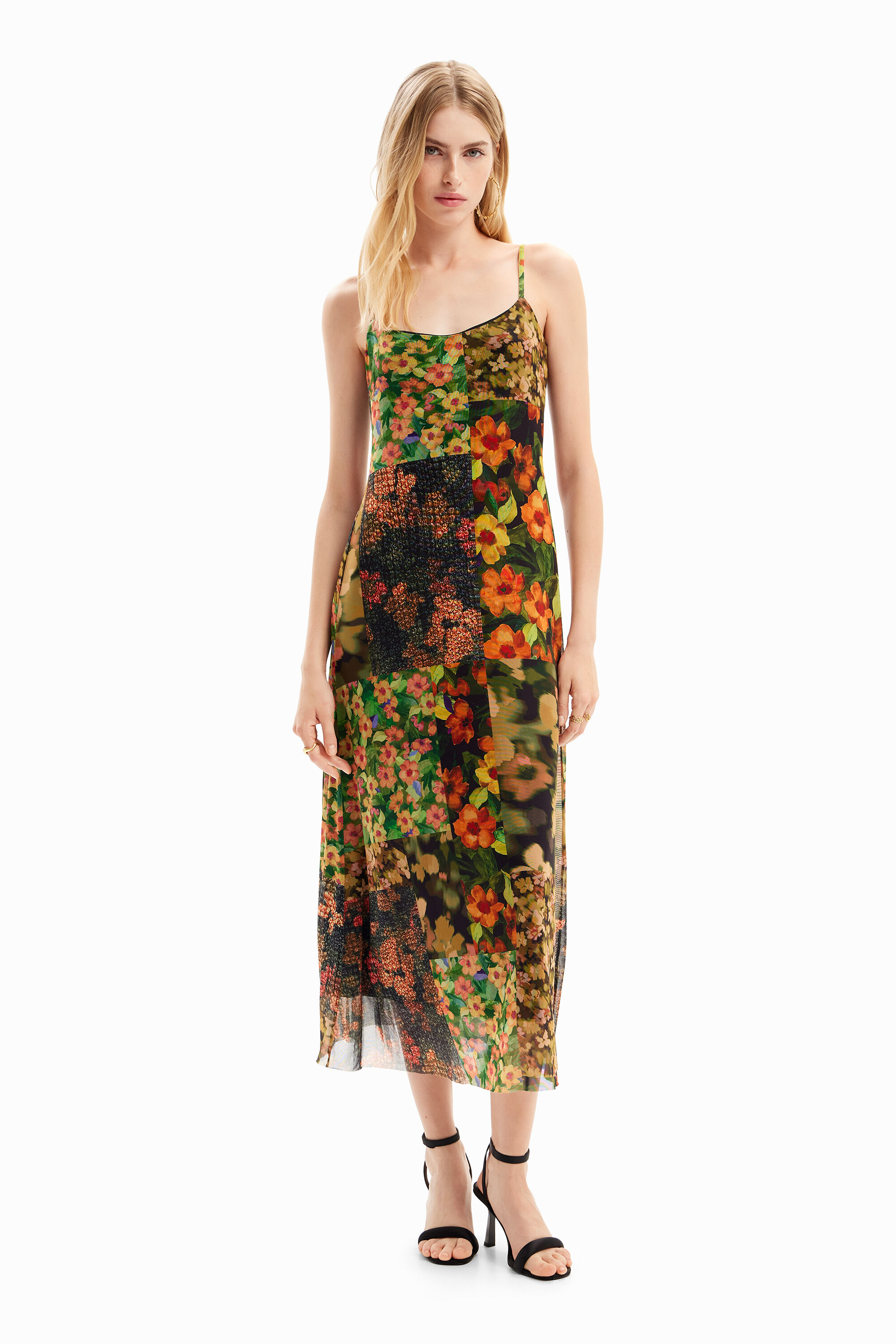 Shop Desigual 2-in-1 Patchwork Midi Dress In Green