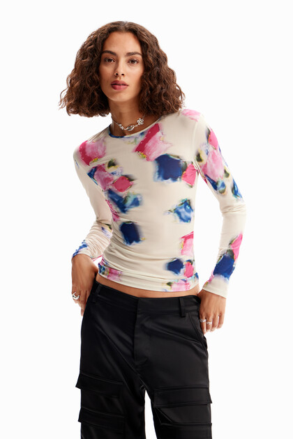Out-of-focus floral T-shirt