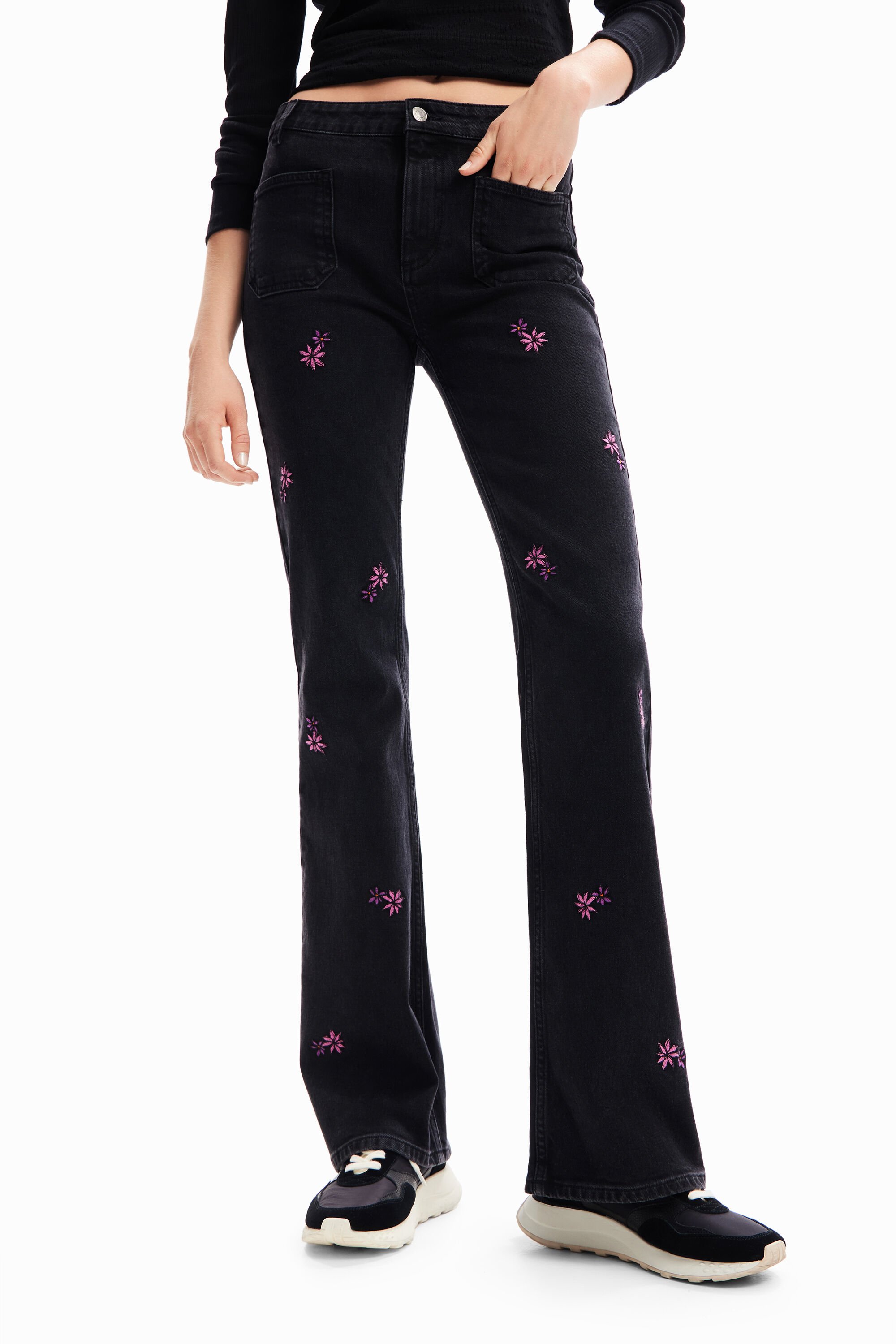 Desigual Floral Flare Jeans In Black