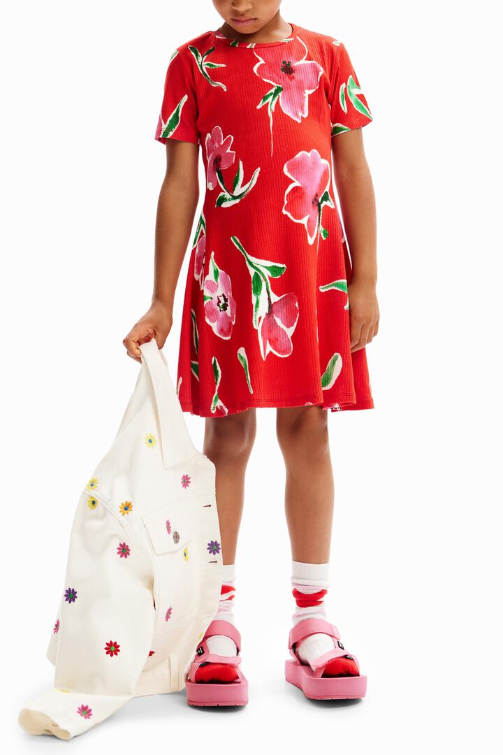 Vestido corto canalé flores | Desigual