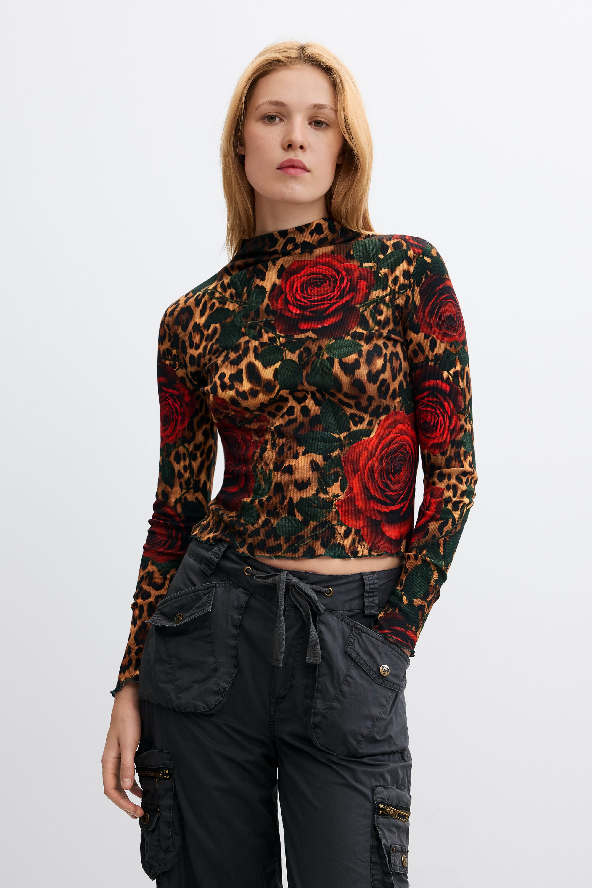 camiseta manga larga flores, Algodon, Negro,