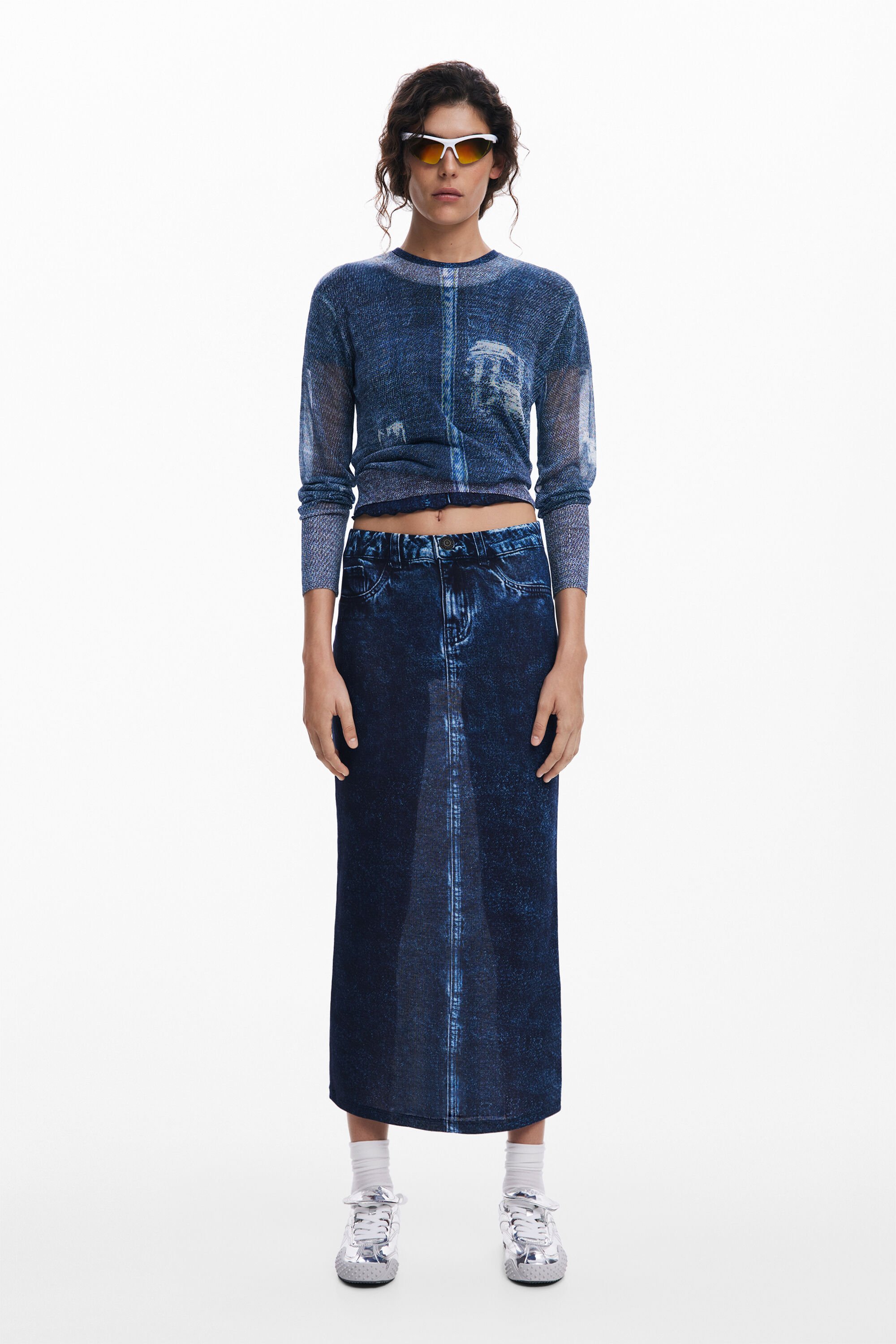 Desigual Open Stitch Crop Sweater In Blue