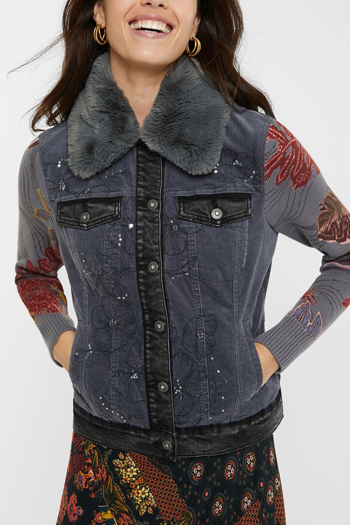 Veste bi-mati&egrave;re en velours c&ocirc;tel&eacute; fin col d&eacute;tachable | Desigual