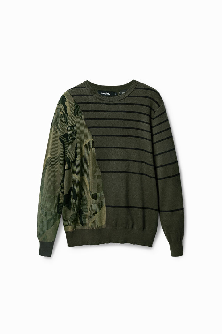 Gestreifter Pullover mit Camouflage & Jacquard