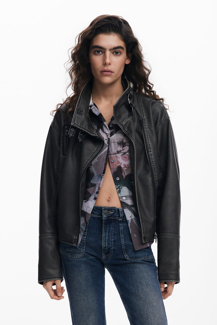 Oversize-Bikerjacke in Lederoptik