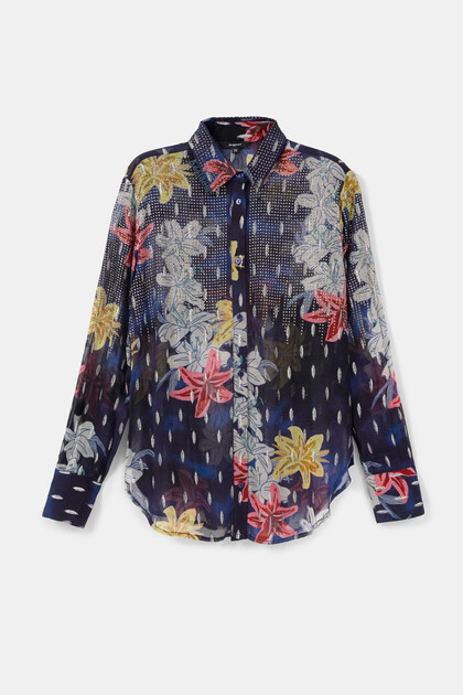 Floral shirt with sheer fabric and rhinestones