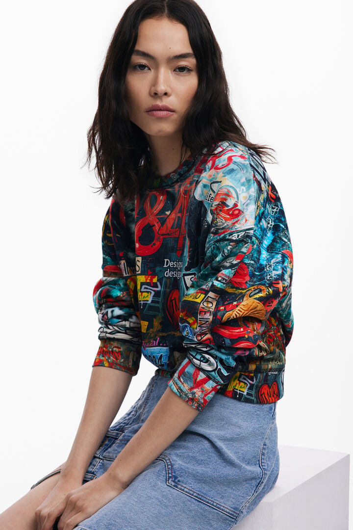 Desigual Pull Ebro Femme – Sweat Tricot Doux à Fleurs Floues, Manches Longues Bouffantes, Coupe Droite Confortable