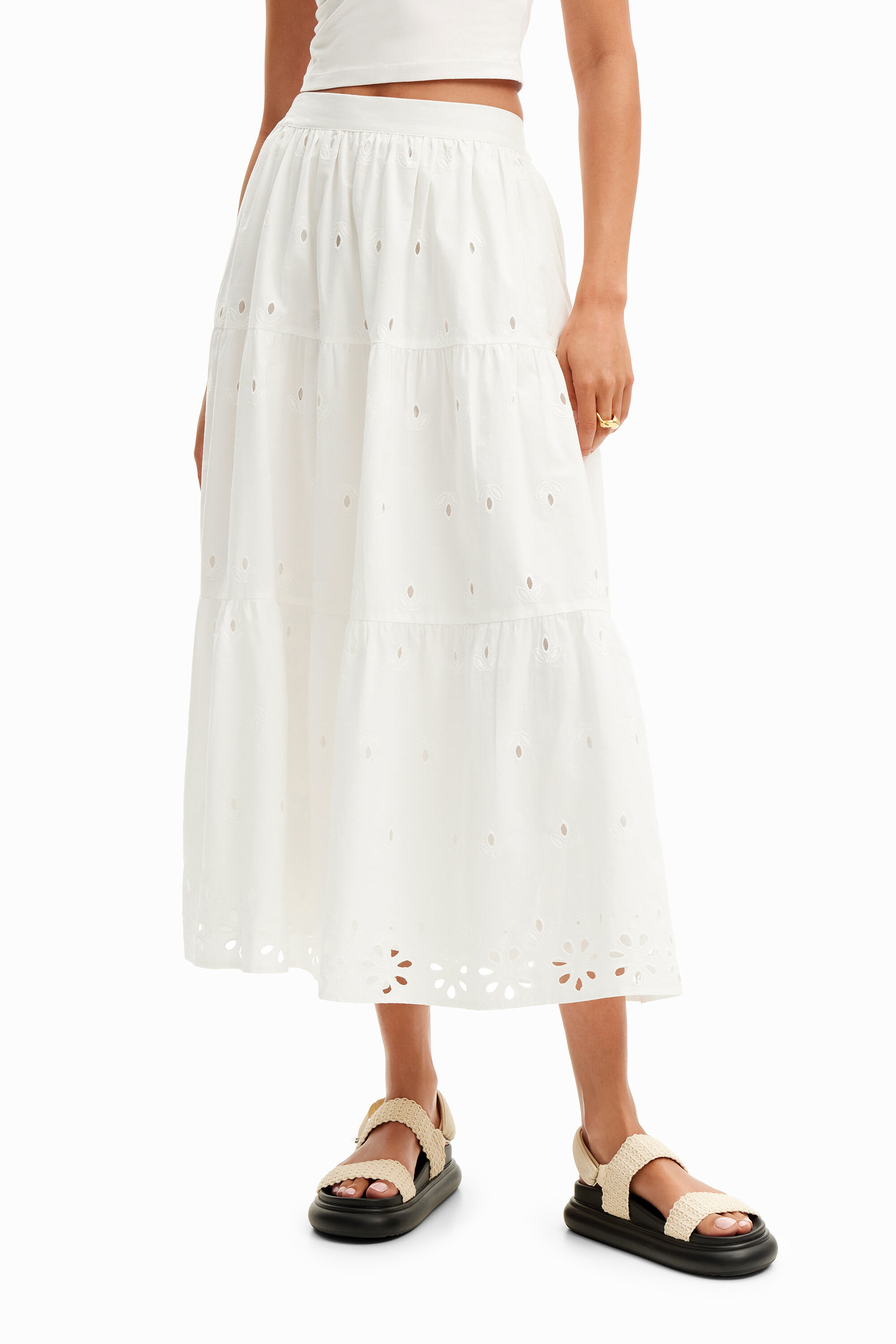 Shop Desigual Swiss Embroidery Midi Skirt In White