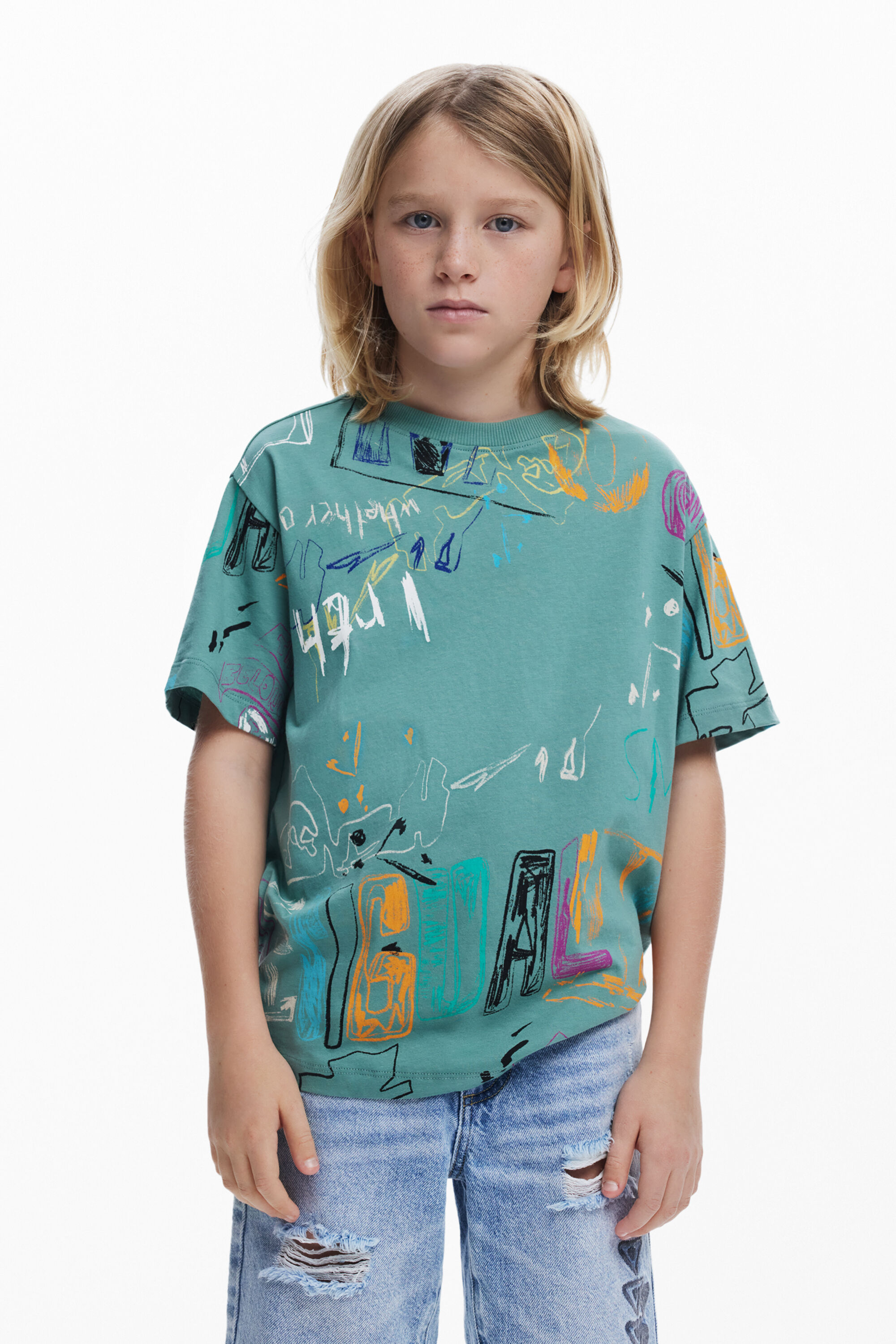 desigual T-shirt met korte mouwen en krabbels - BLUE
