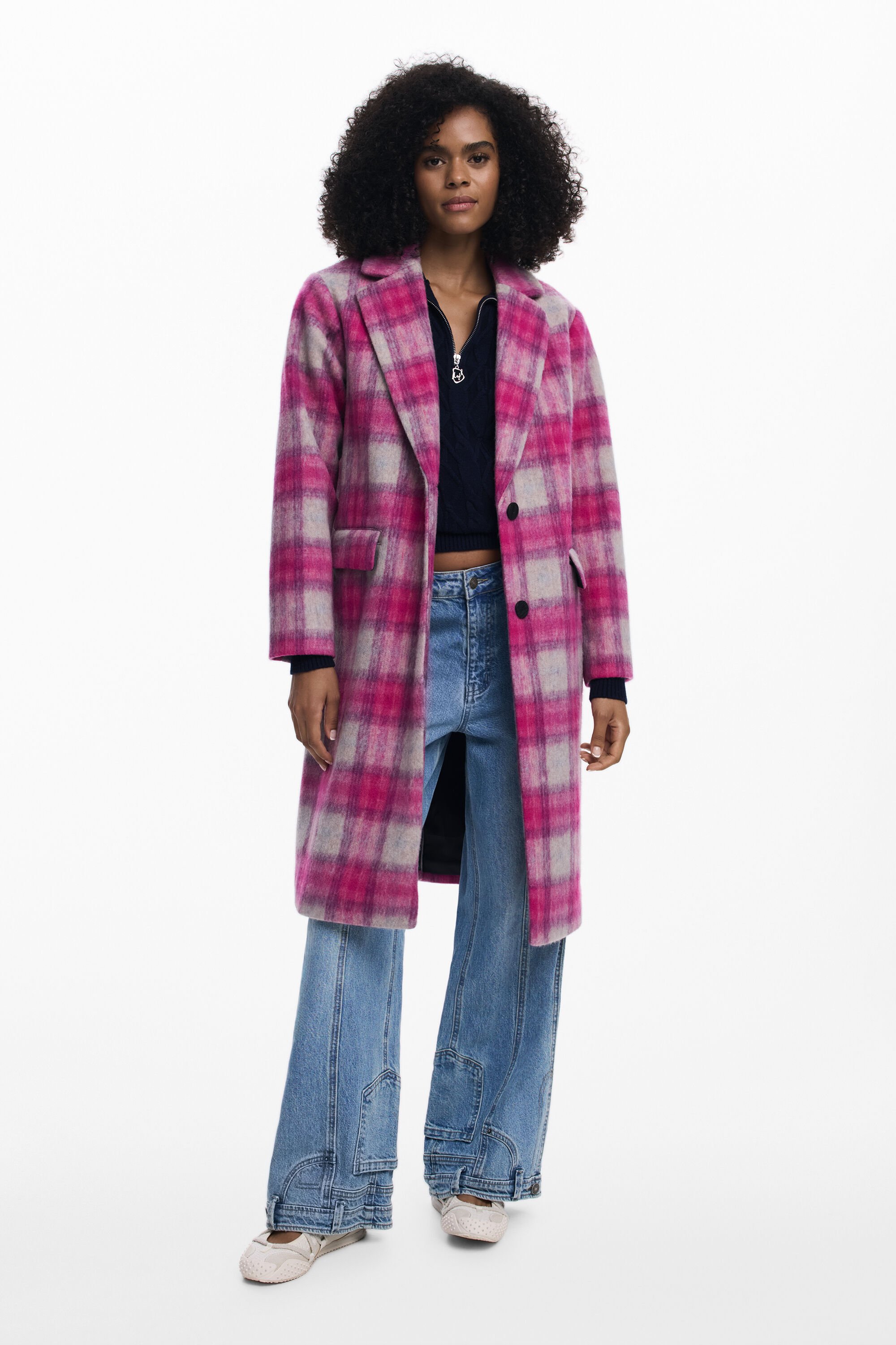 極美品　Desigual デシグアル　チェック柄 ロングコート　Lサイズ ピンクのタータンコート 女性用 I Desigual.com