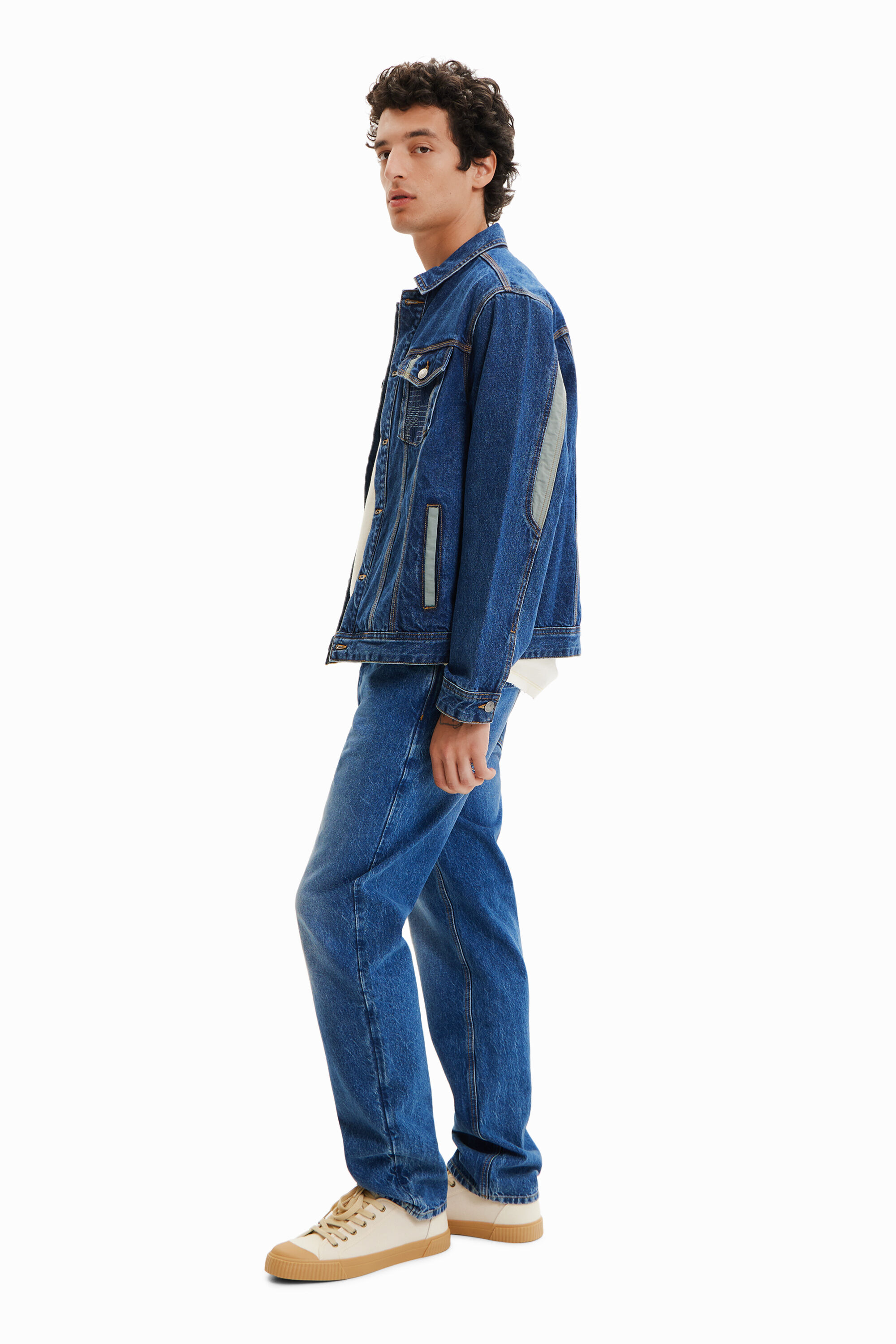 Shop Desigual Patchwork Denim Trucker Jacket In Blue