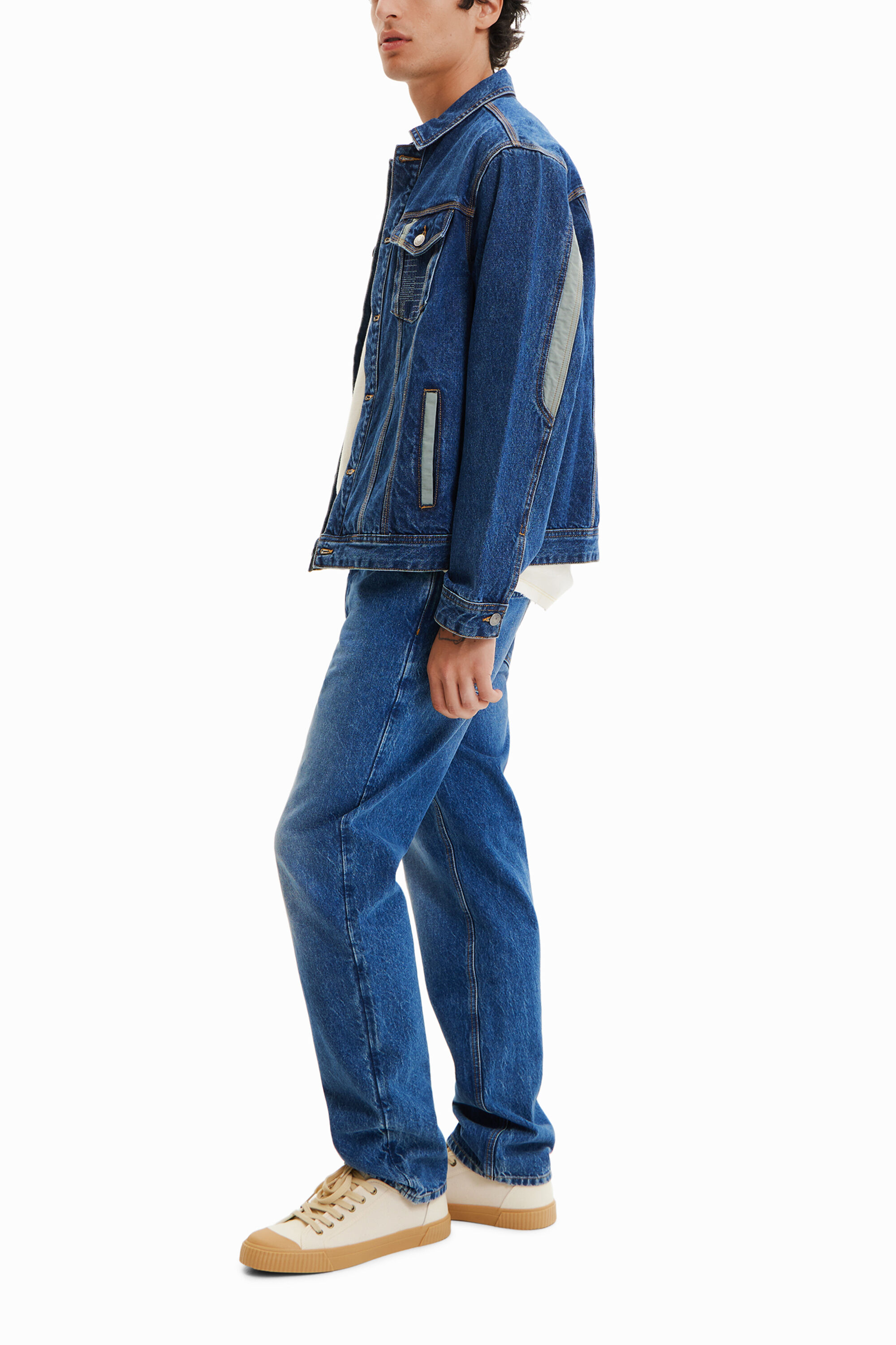 Shop Desigual Patchwork Denim Trucker Jacket In Blue