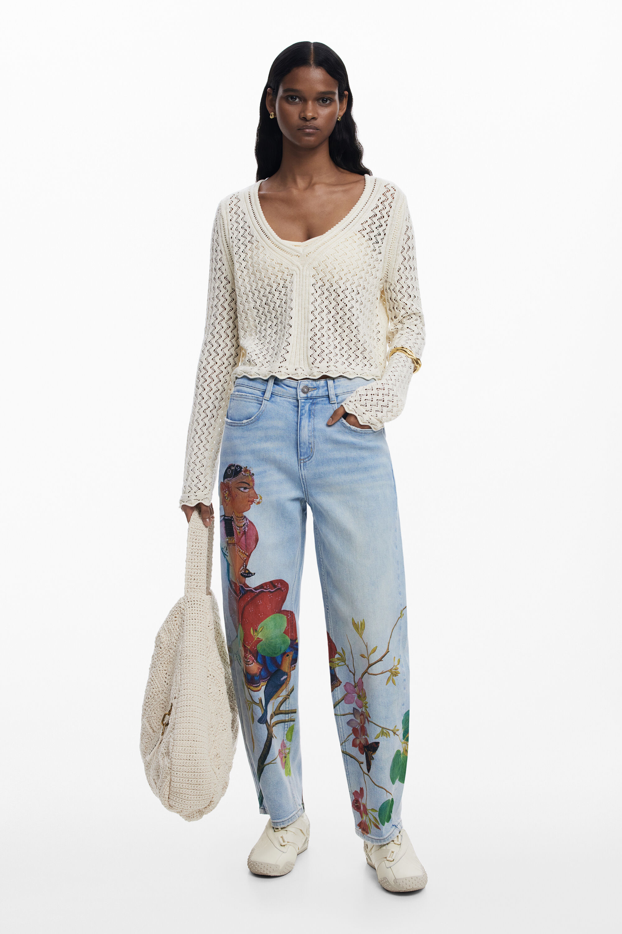 Desigual Artist Print Boyfriend Barrel Jeans In Blue