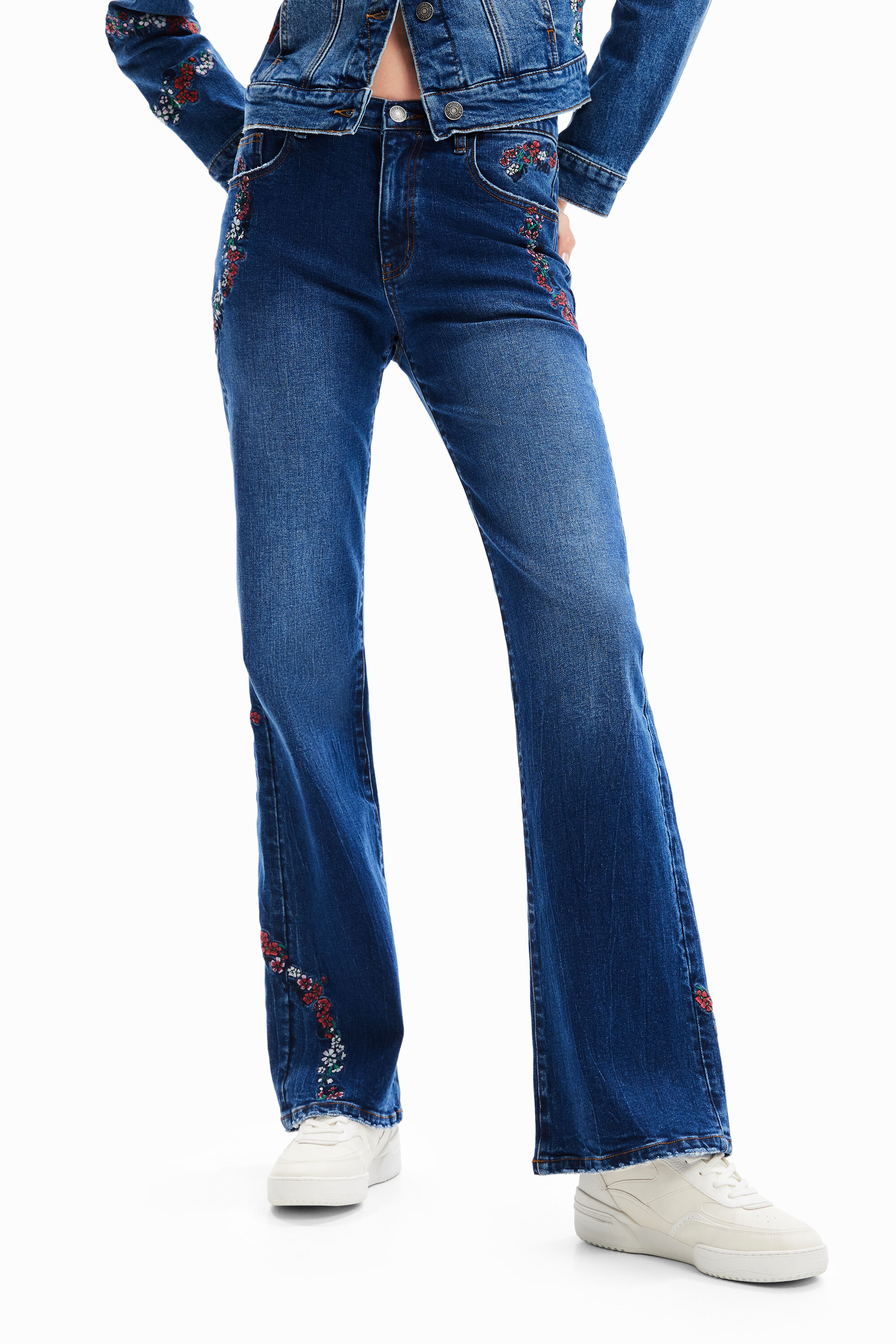 Desigual Floral Wide-leg Jeans In Blue