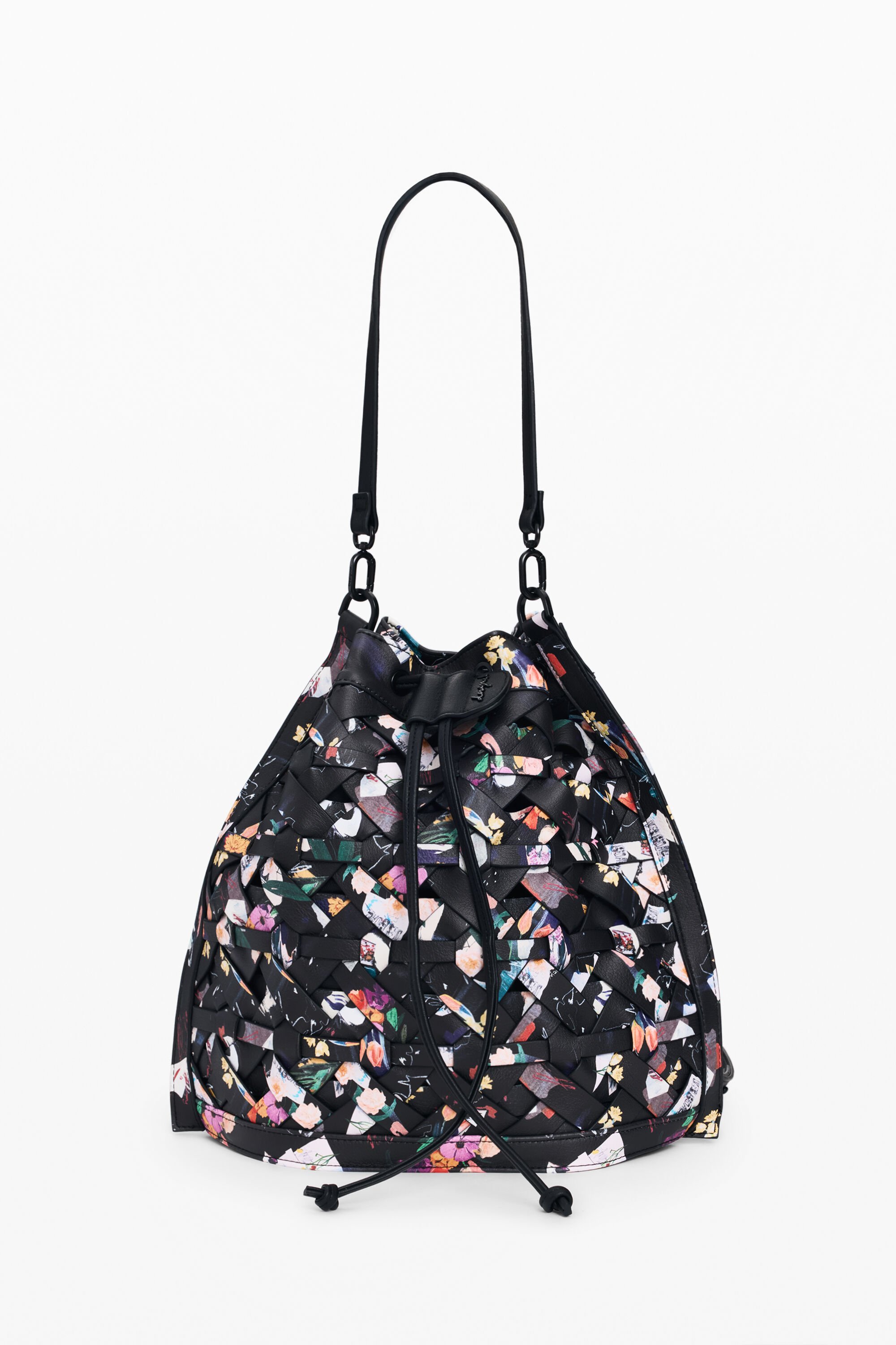 Desigual Middelgrote rugzak met gevlochten bloemen - BLACK