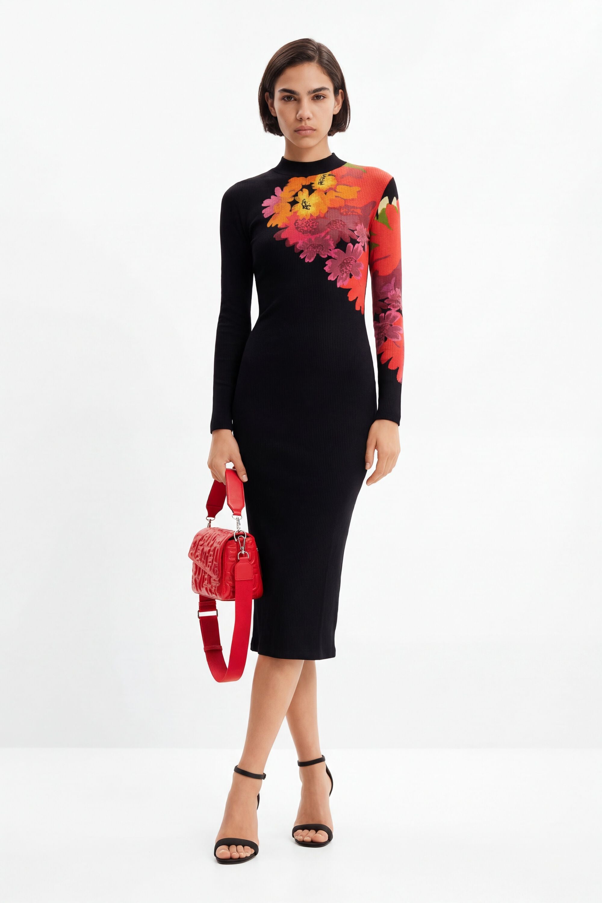 Desigual, Robe midi tissu côtelé fleurs, Femme, Viscose, Noir, XL