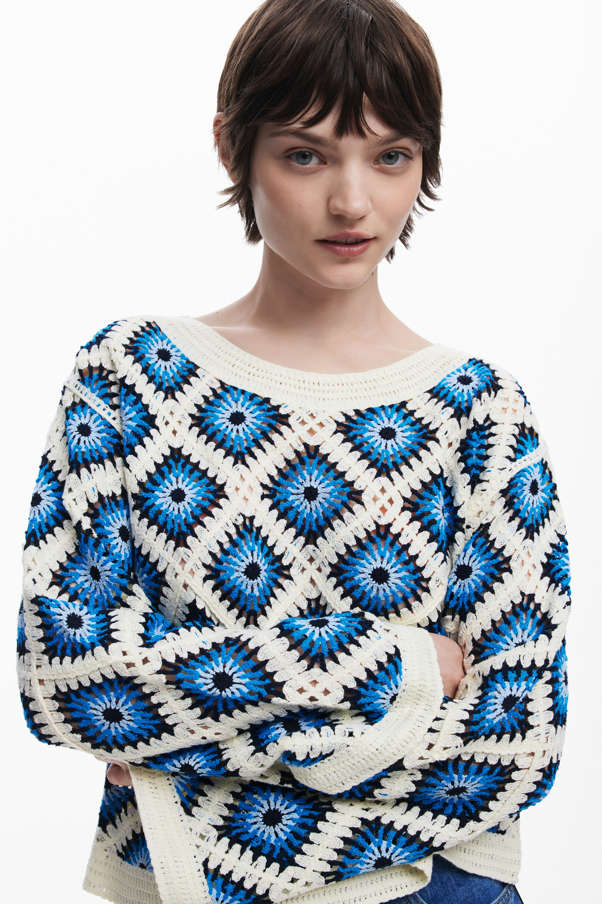 Desigual Multicolor Crochet Sweater In Material Finishes