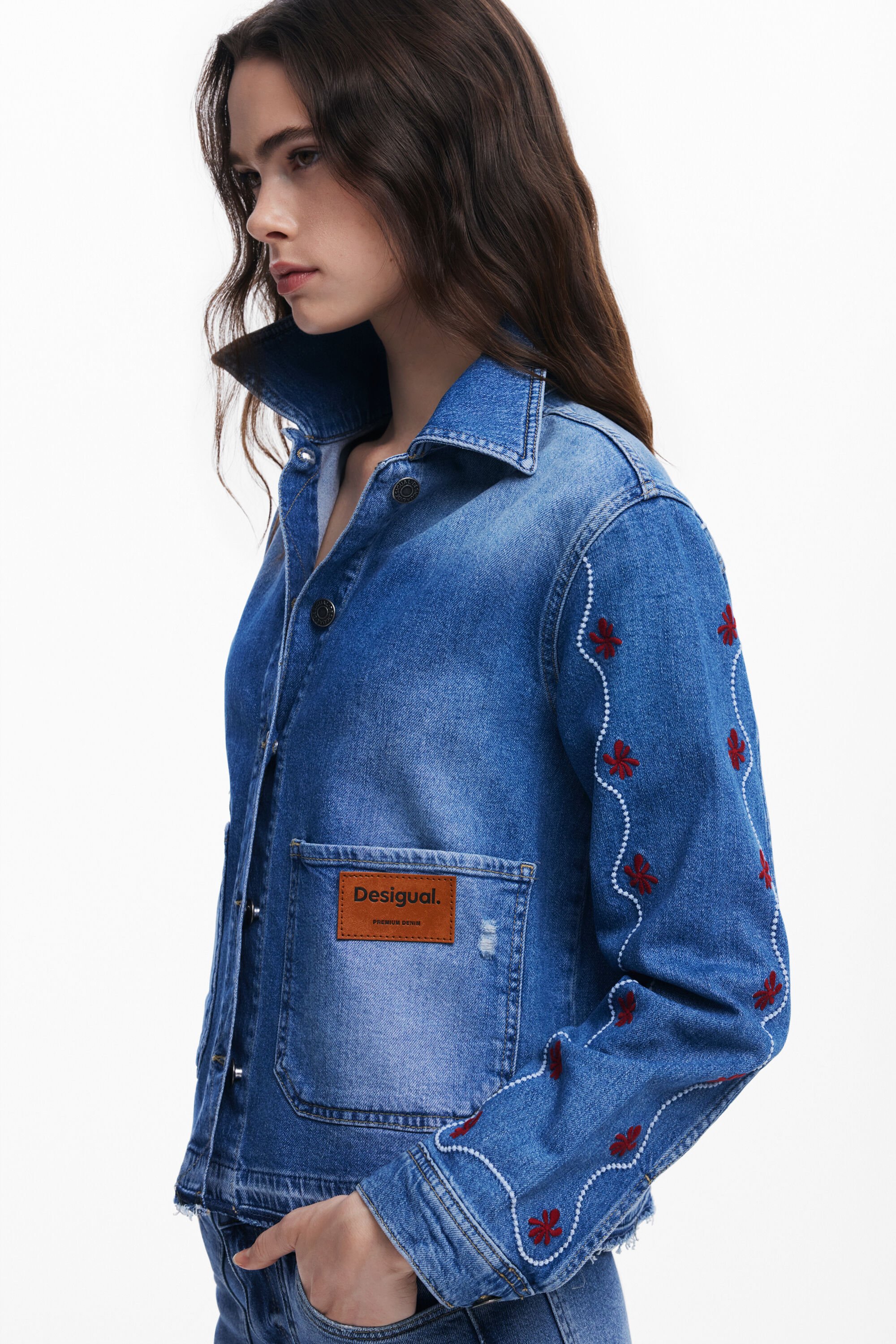 Desigual Floral Denim Jacket In Blue