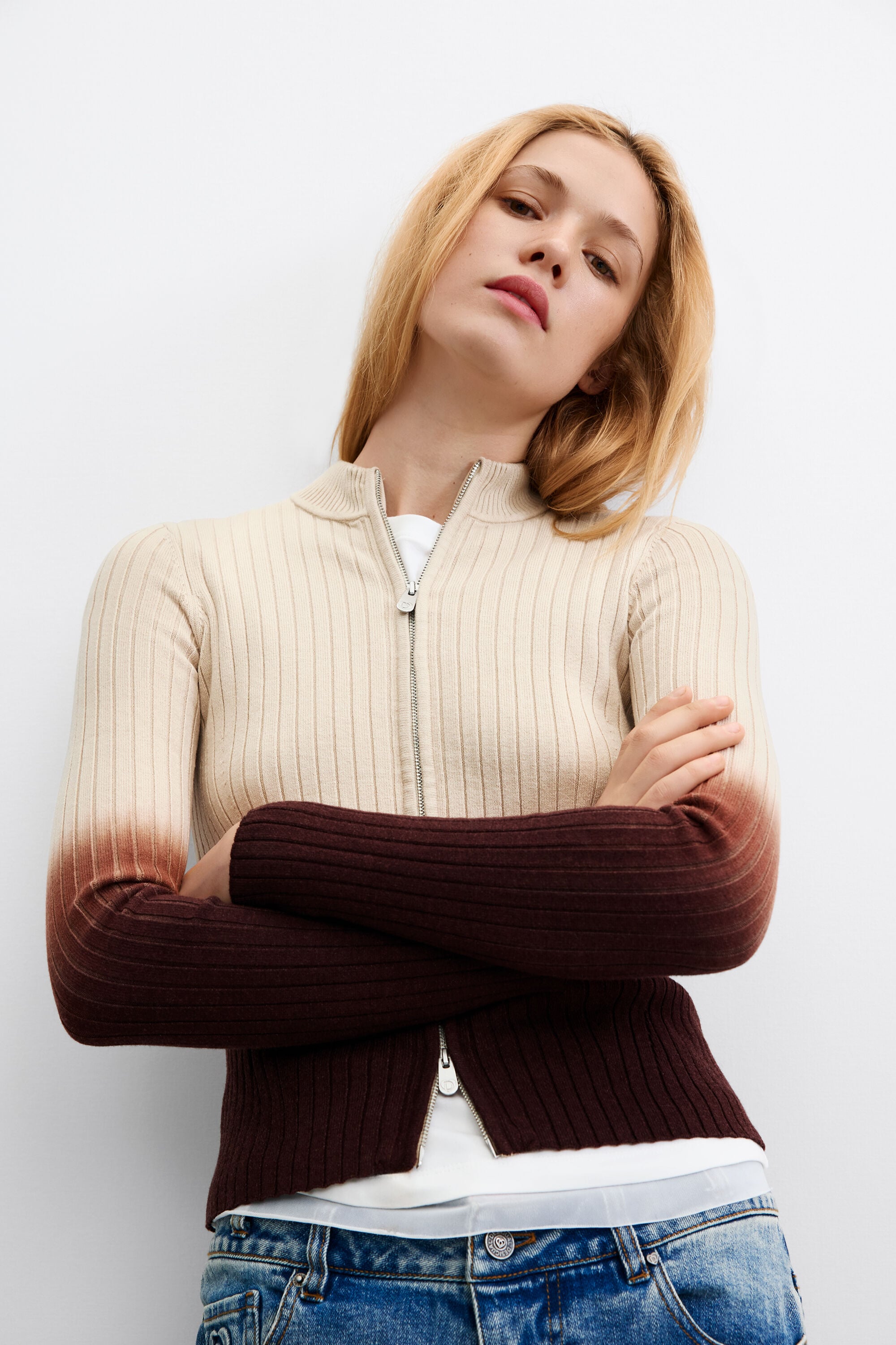 Geribde gebreide jas - BROWN - S