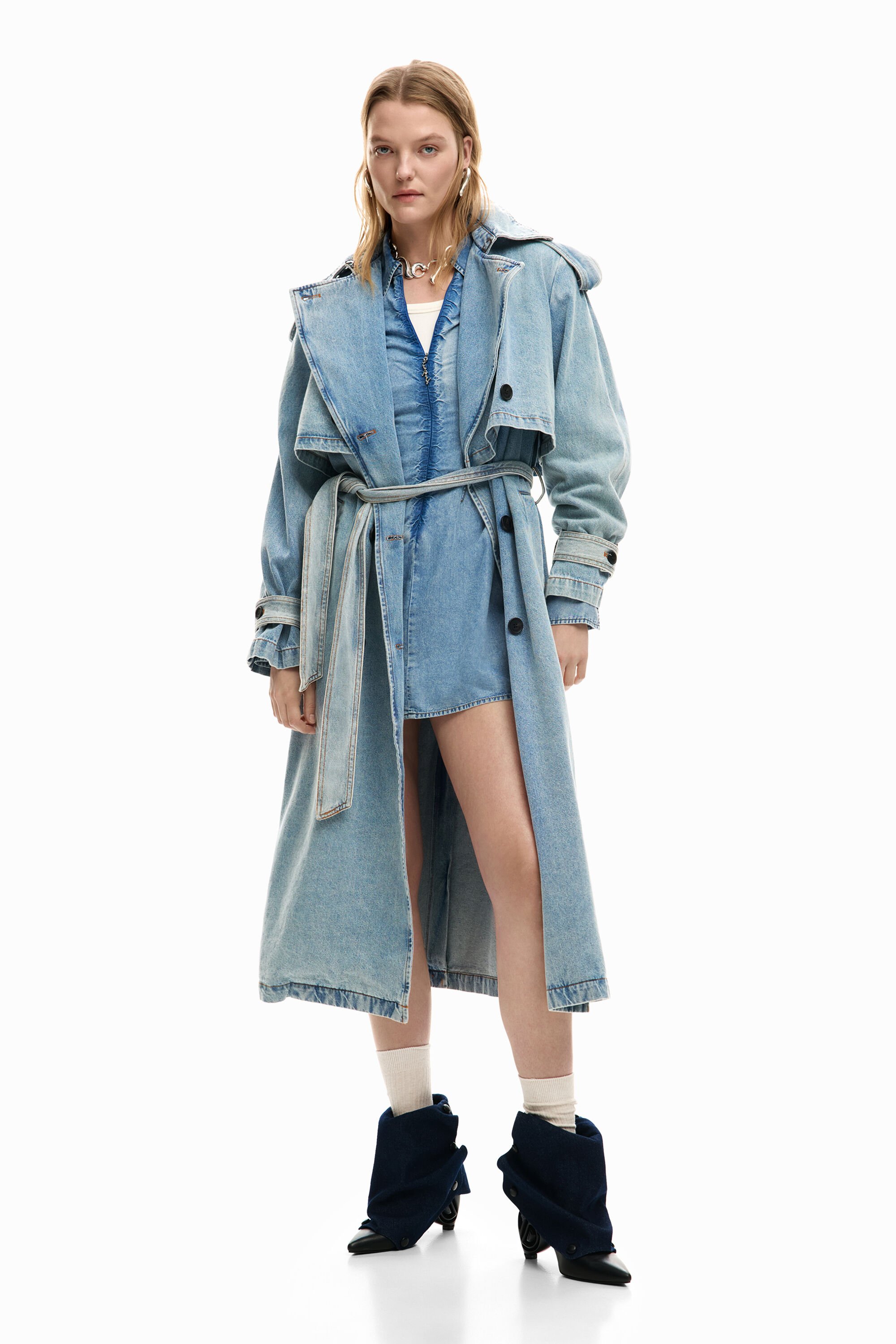 Desigual, Denim-Trenchcoat mit Gürtel, Damen, Baumwolle, Blau, L