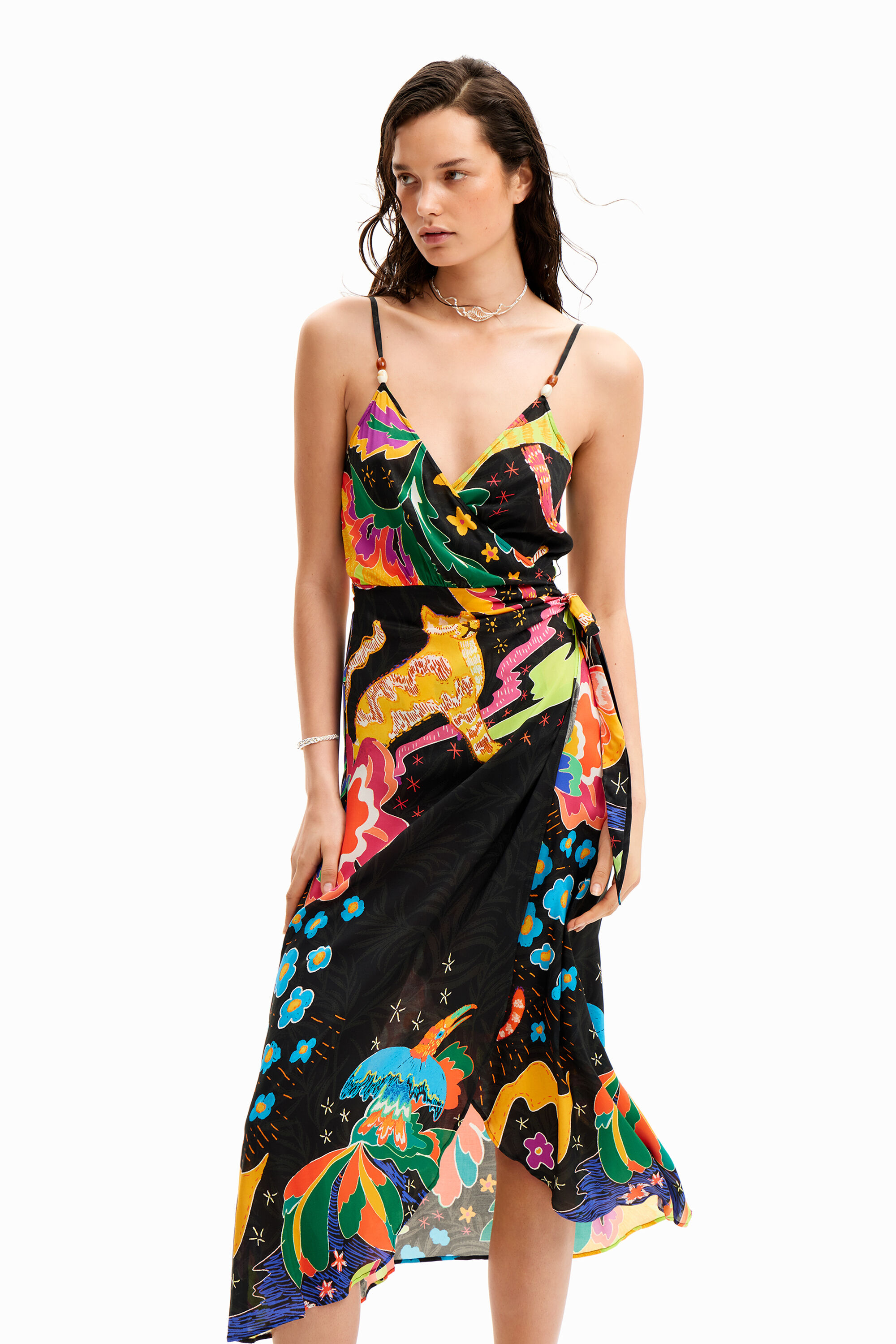 Jungle design wrap midi dress - BLACK - XS