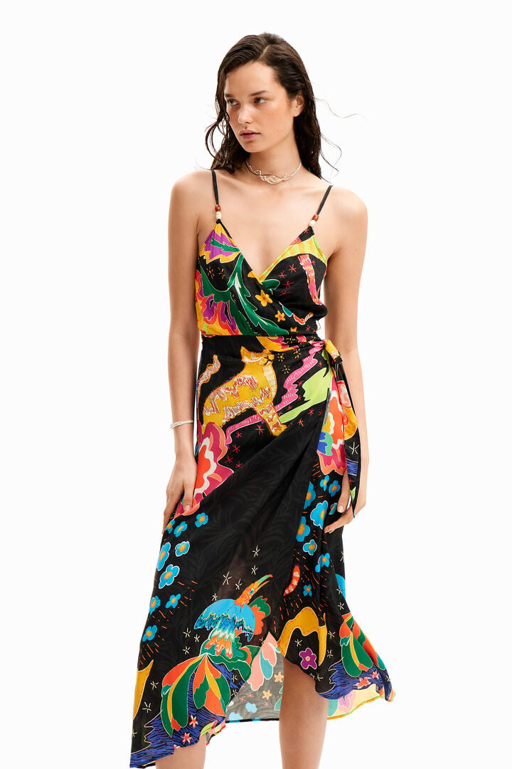 Jungle design wrap midi dress