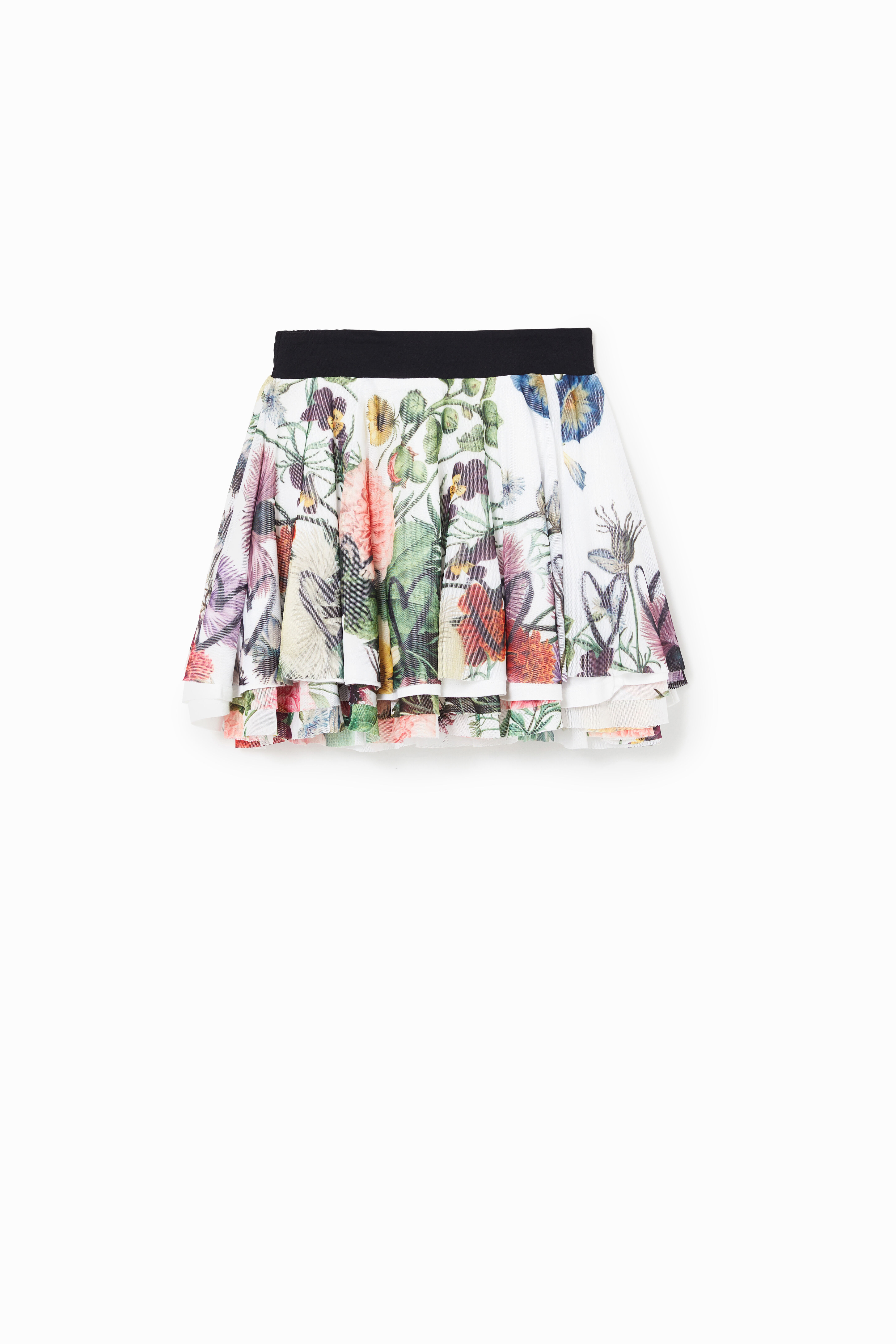 Short printed mesh layered skirt
